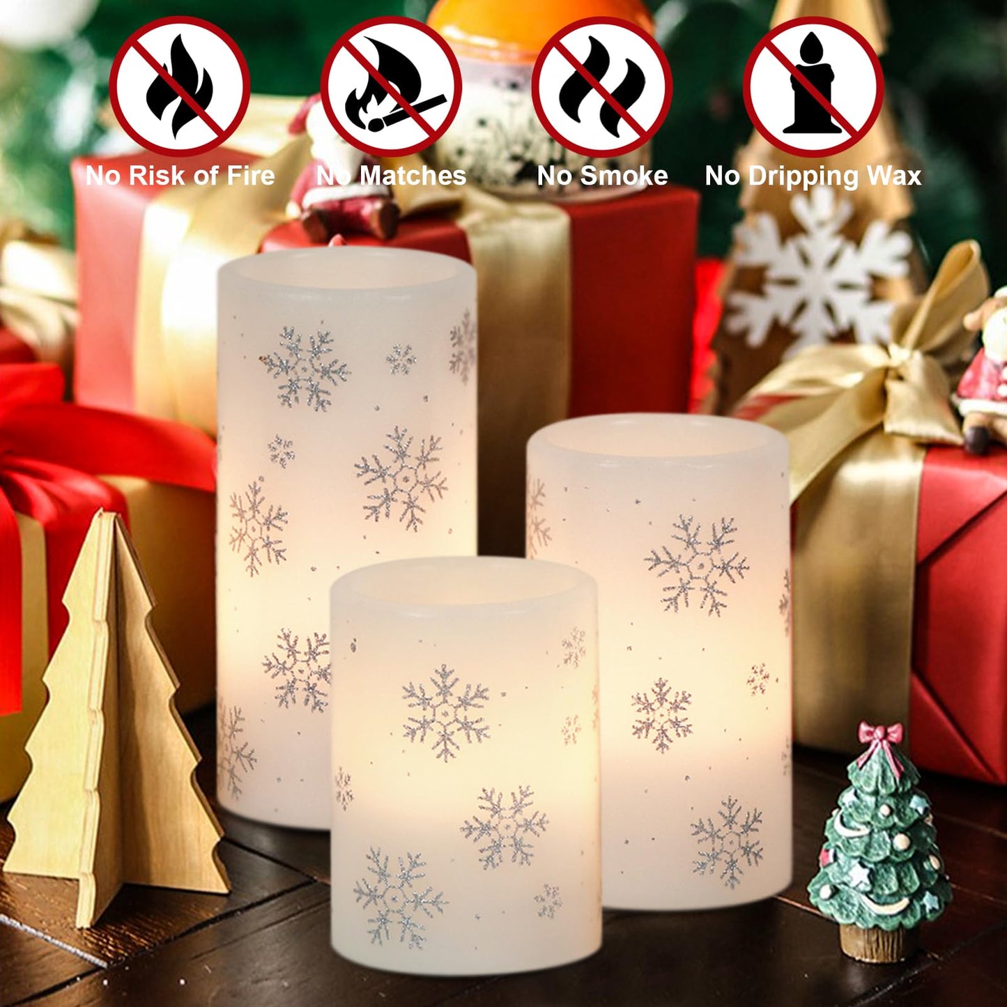 DRomance Silver Snowflake Flameless Flickering Candles Battery Operated with 6H Timer, 3 Pack Real Wax Warm Light LED Pillar Candles Dinner Tabletop Holiday Centerpiece Decor 3" x 6"""