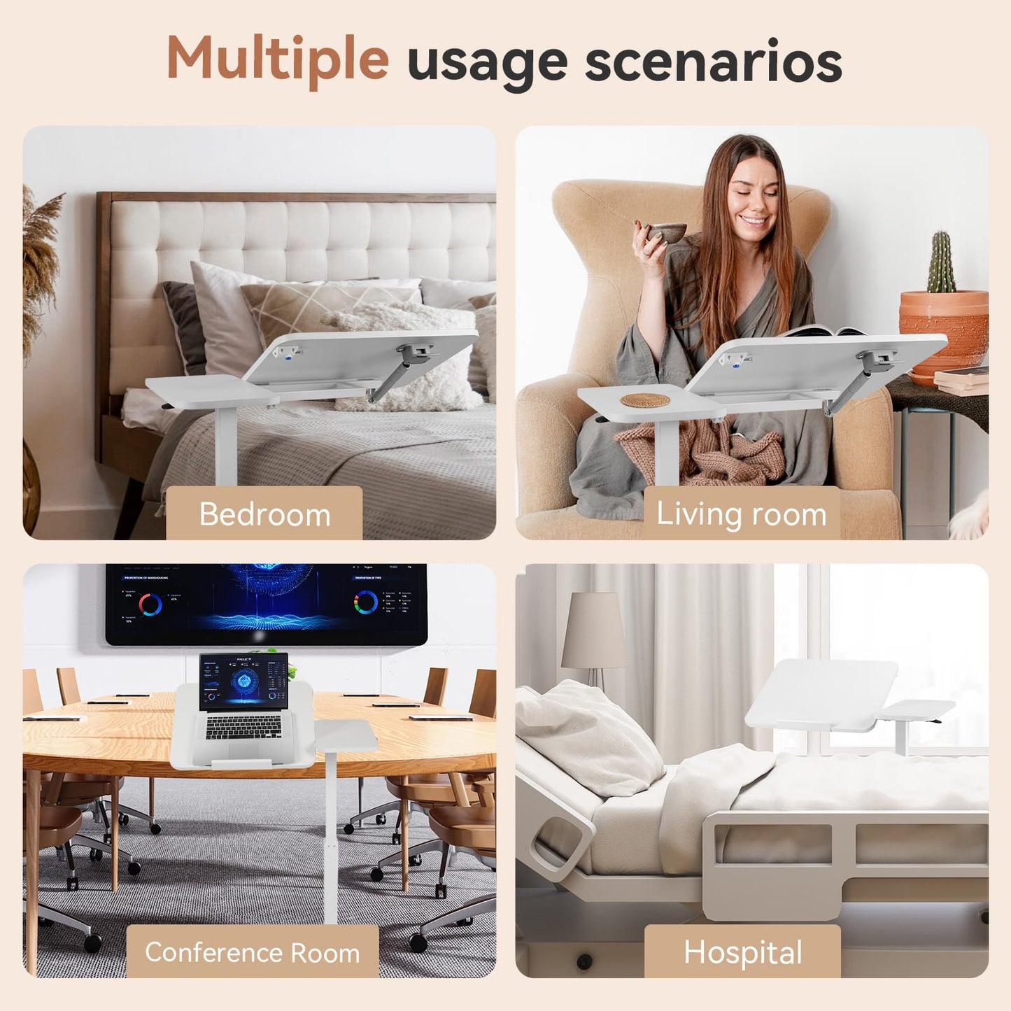 Kaixin Rabbit Height Adjustable Overbed Table，has Hidden Wheels and a Rotatable Tabletop，Can Be Used for Home Offices and Hospitals(White)