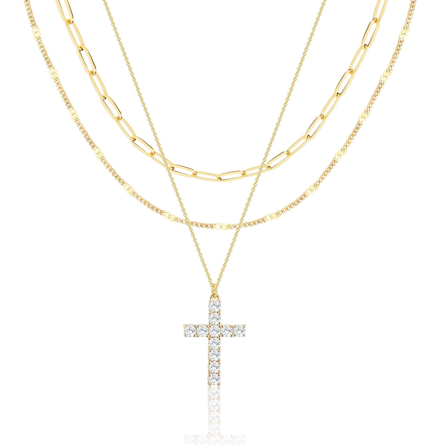 Layered Gold Cross Necklaces for Women,14k Gold Plated Dainty Stackable Choker Necklaces for Women,Trendy Layering Cubic Zirconia Cross Pendant Paperclip Thin Chain Necklace Set Jewelry Gifts for Women