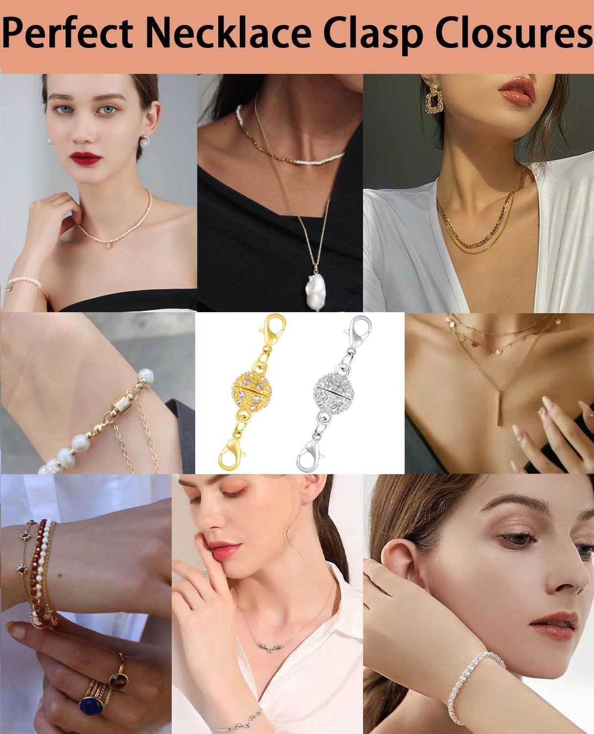 Magnetic Necklace Clasps, 18K Gold and Silver, Crystal Rhinestone Ball Connector with Lobster Clasp, Jewelry Extender for Necklaces, Bracelets (12pcs Golden Silvery)