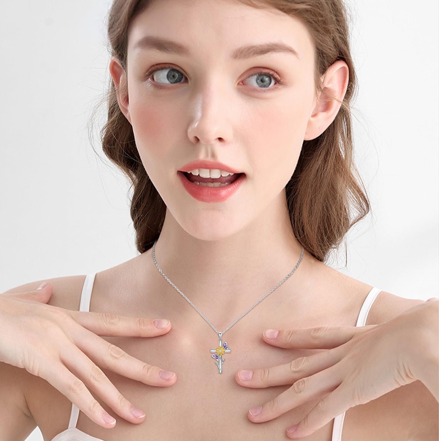 KoyeKei Butterfly Sunflower Necklace for Women 925 Sterling Silver Double Butterfly Cross Necklaces Pendant Christian Sunflower Jewelry Gifts Mothers Day Graduation Gift for Mom Wife Sister