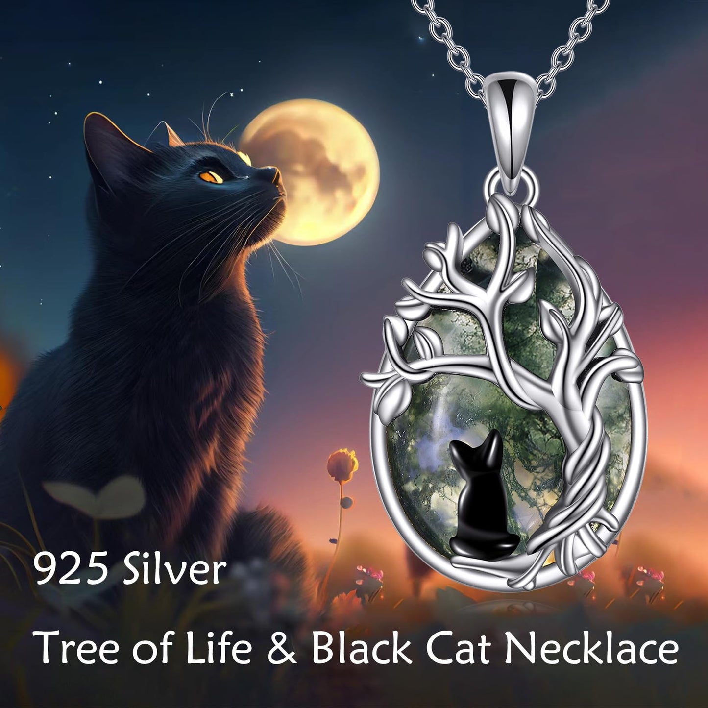 POPLYKE Moss Agate Tree of Life Black Cat Necklace for Women 925 Sterling Silver Family Tree Pendant Jewelry Birthday Gifts
