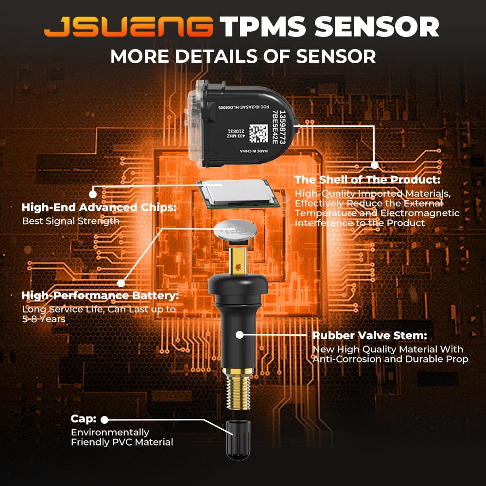 433Mhz TPMS Sensor, GM Tire Pressure Monitoring System Sensor Compatible for Chevy Malibu Silverado Impala Cruze, Buick Regal Lacrosse GMC Cadillac Replaces for 13598773 4-Pack