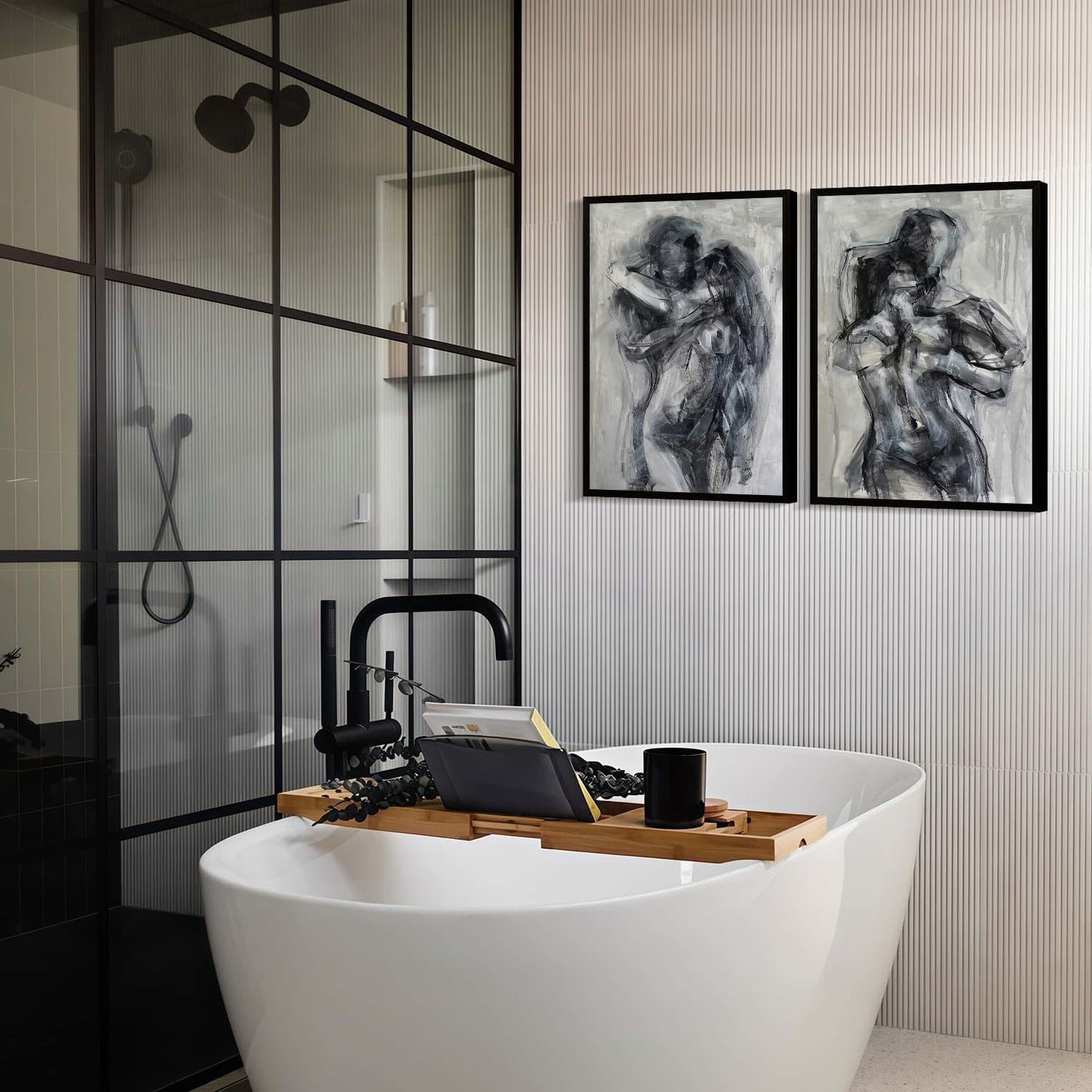 2Pcs Framed Black and White Bathroom Canvas Wall Art Abstract Nude Prints Couple Modern Gallery Style Painting Pen sketch Posters Decorations Bedroom Living Room Bathroom 12x16 Inch Ready to Hang