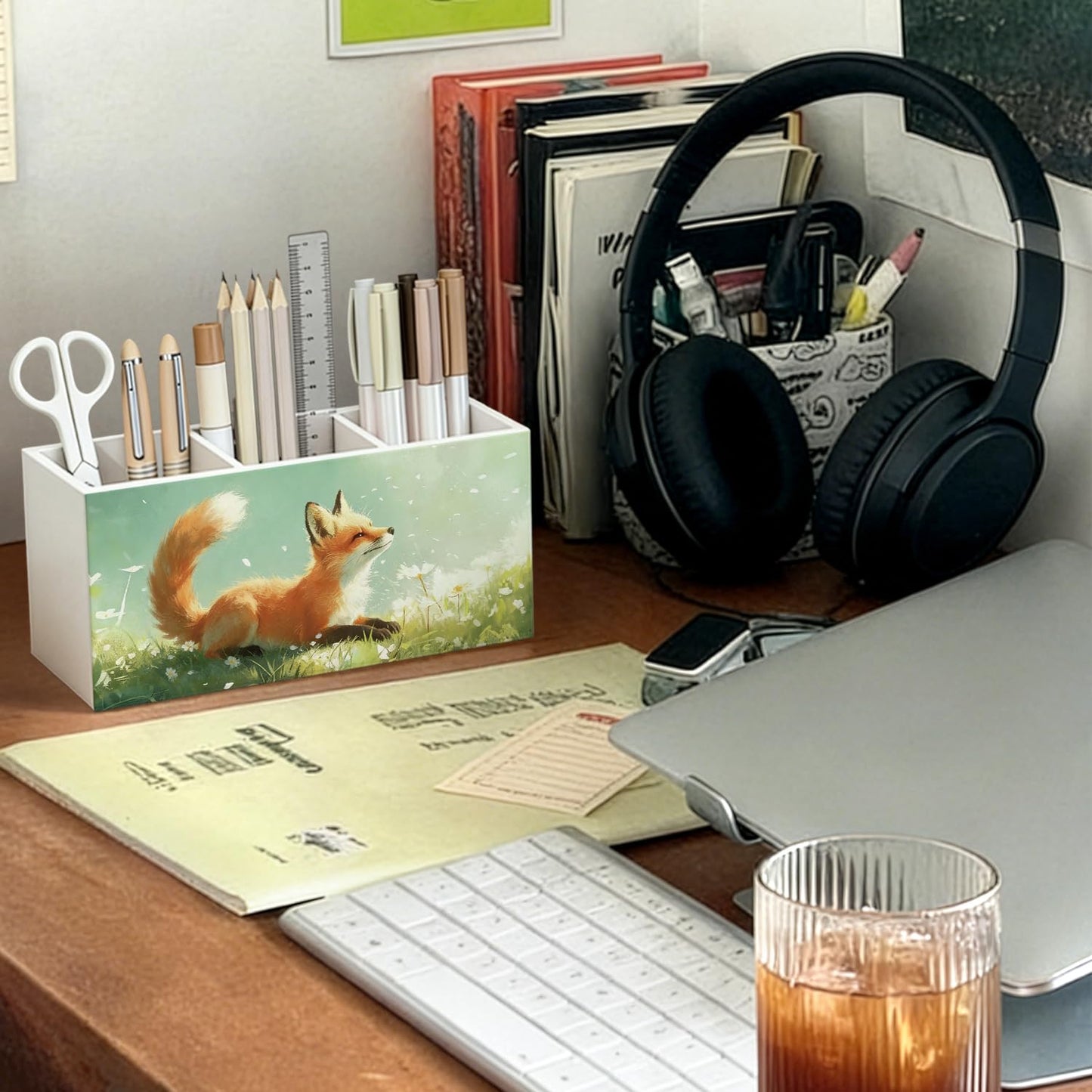 SkyCozy Fox Pen Pencil Holder for Desk, Fox Gifts for Women Men, Animal Lovers Gifts, Rustic Wildflower Wild Animal Wooden Box Sign Decorations for Kids Room Bedroom Home Office Desk Tabletop