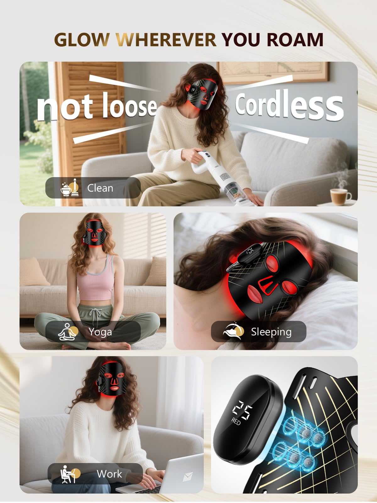 Red Light Therapy for Face, 4 Modes Cordless Face Mask Light Therapy, 2000mAh Rechargeable & 400 LEDs Infrared & Red Light Masks, Facial Fit, Led Light Therapy Skin Care at Home（Black）