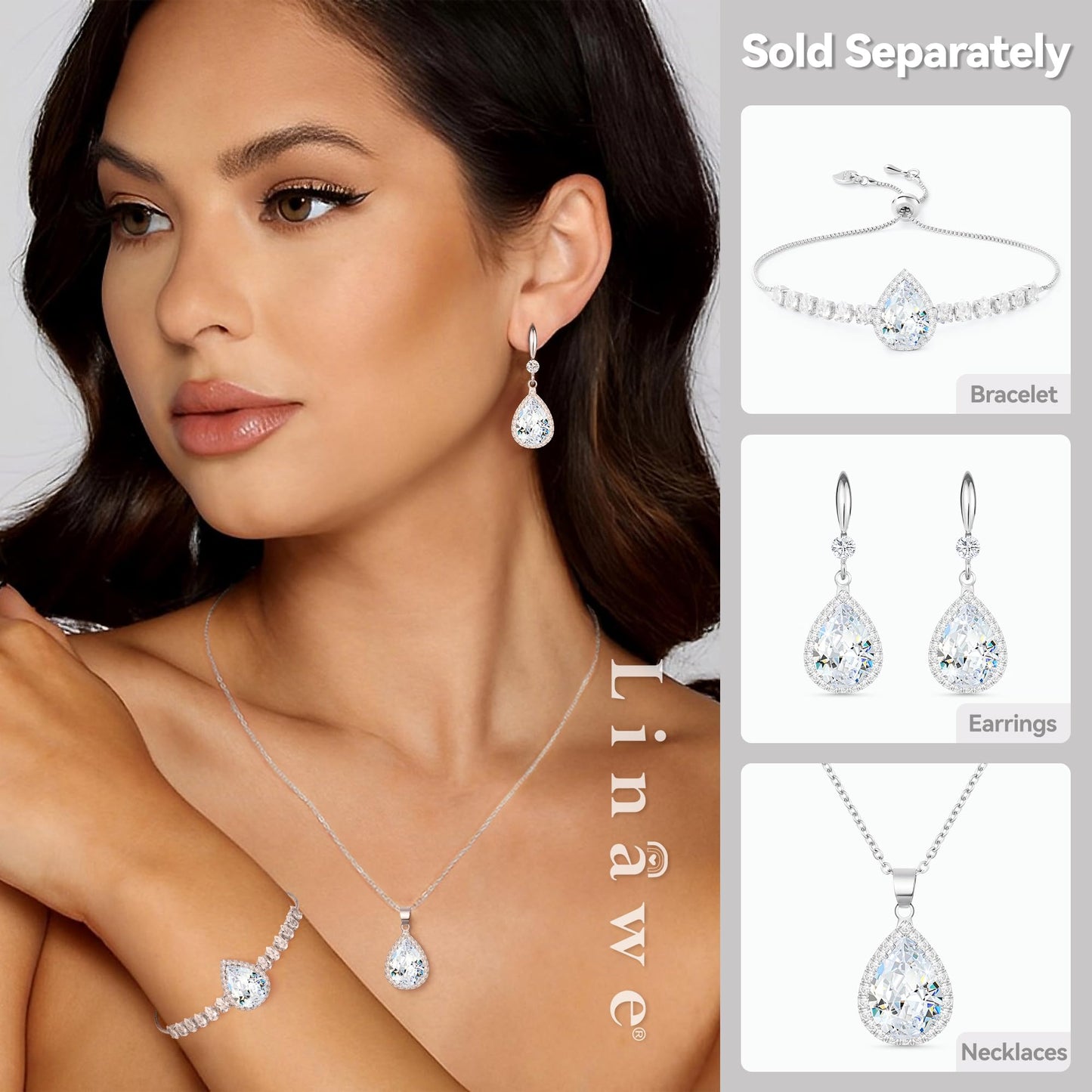 Linawe Silver Crystal Necklace for Women Trendy, Chain Choker Necklace, Moonstone Imitation Diamond Moissanite Bride Bridesmaid Wedding Cubic Zirconia Opal Necklace Set