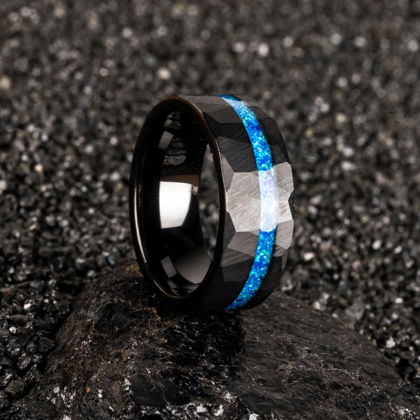 JEWPER 8mm Men Womens Wedding Band Tungsten Rings Black Blue Hammer pattern Fashion Promise Carbide Inlaid Opal Matte Finish Edge Comfort Fit Size(10)