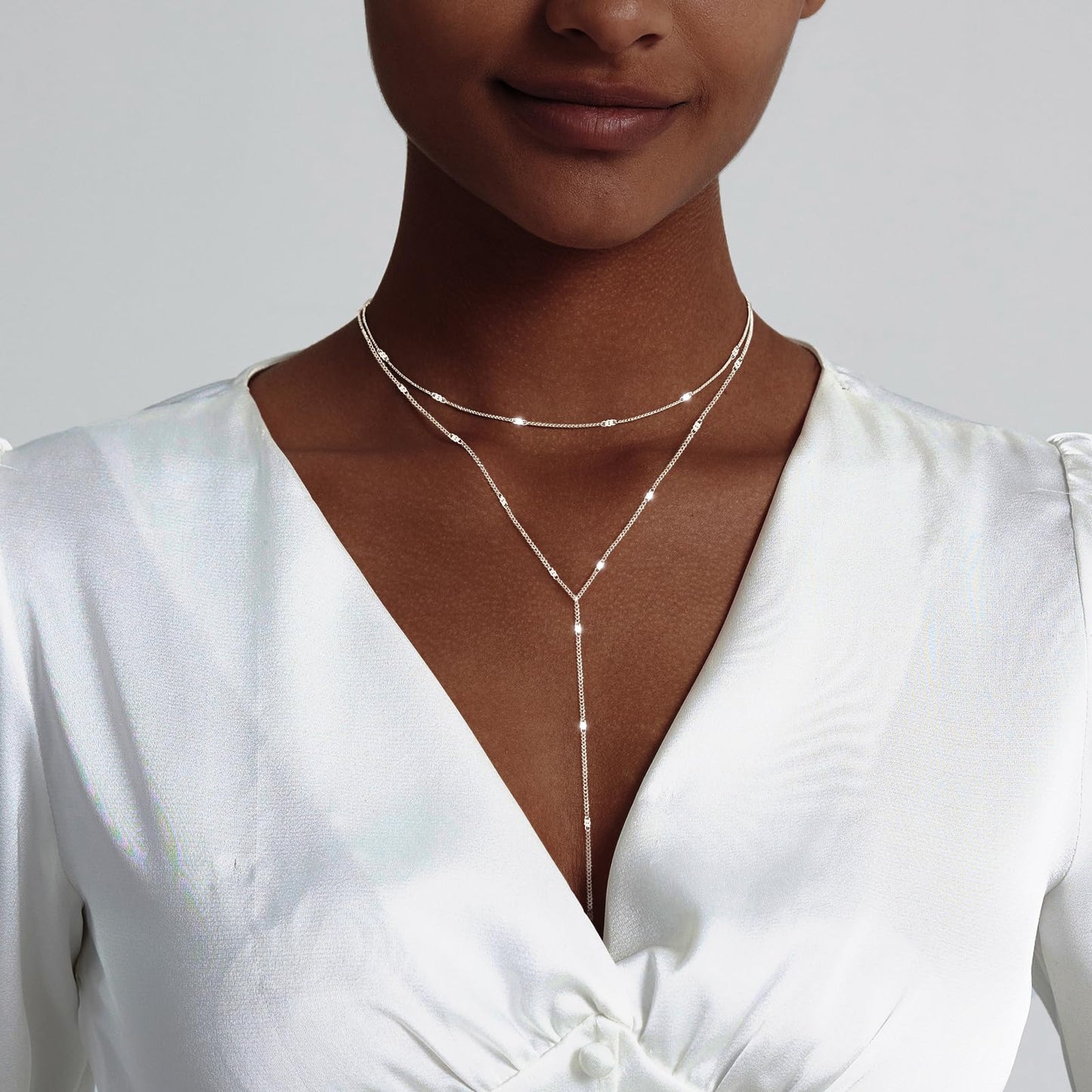 Luxval Layered Silver Necklace for Women 14K Silver Long Necklaces Y-Shaped Necklace Trendy Layered Chain Necklaces for Women Gift Jewelry
