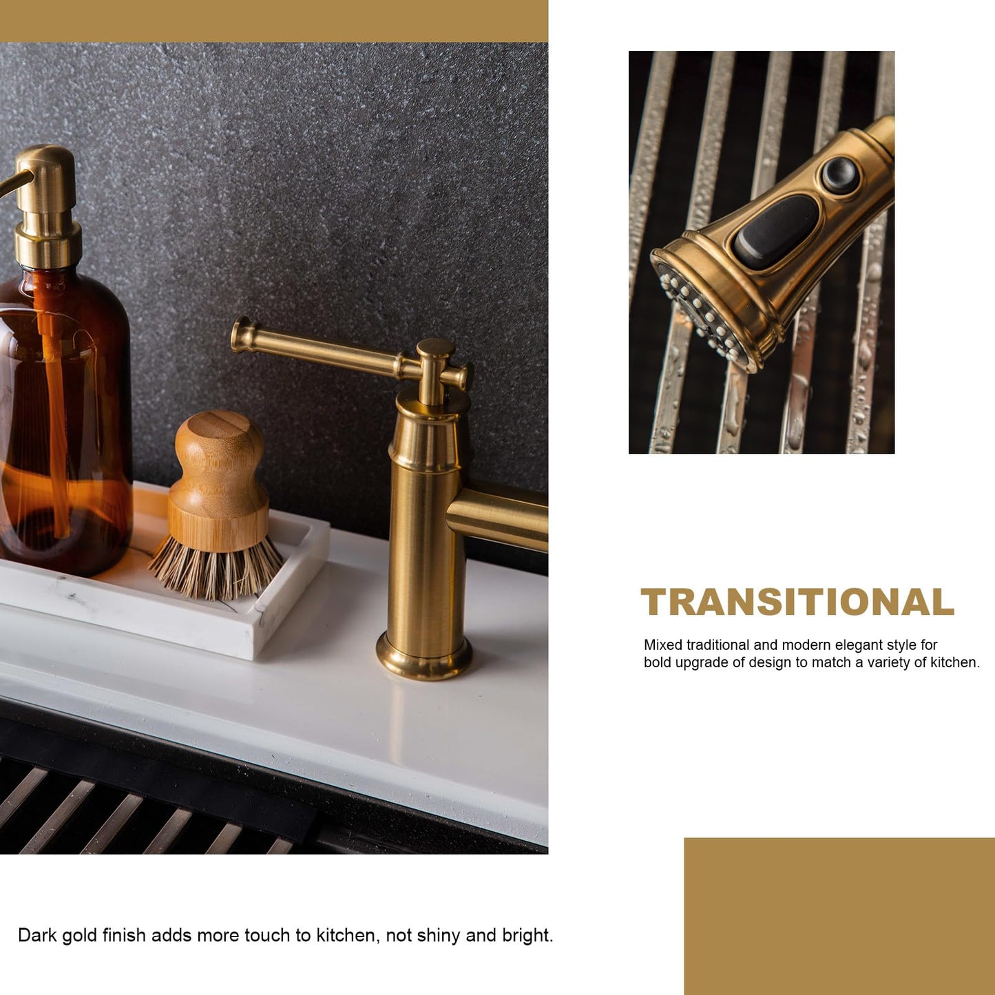 Brushed Bronze Bridge Kitchen Faucet with Pull Down Sprayer, Lava Odoro Transitional Bronze Gold Kitchen Sink Faucet 3 Hole 2 Handle Antique Brass Bridge Kitchen Faucet, KF501-BB