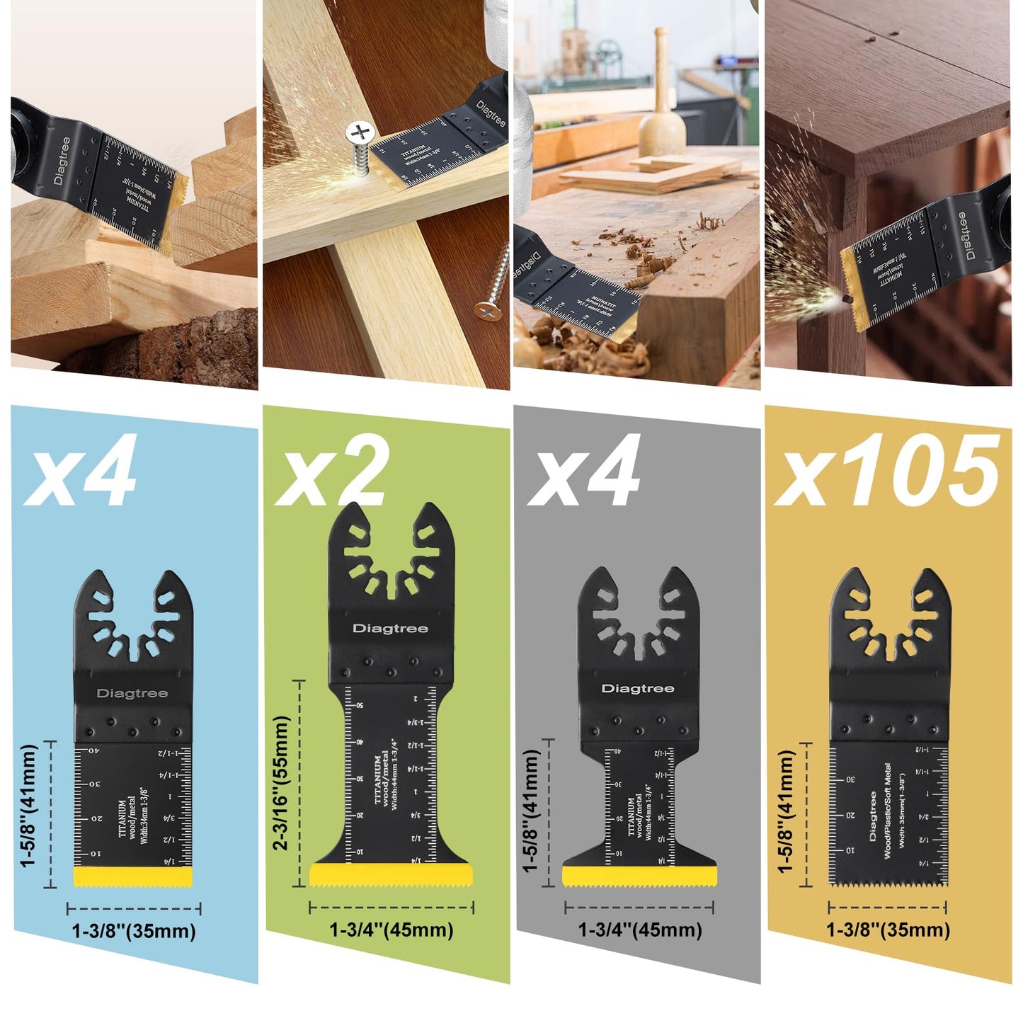 Diagtree Oscillating Saw Blades, Diagtree 115PCS Titanium Oscillating Multitool Blades for Metal, Wood and Plastic, fit Dewalt Milwaukee Ryobi Fein Dremel Bosch Rockwell Makita Porter(Titanium, 115)