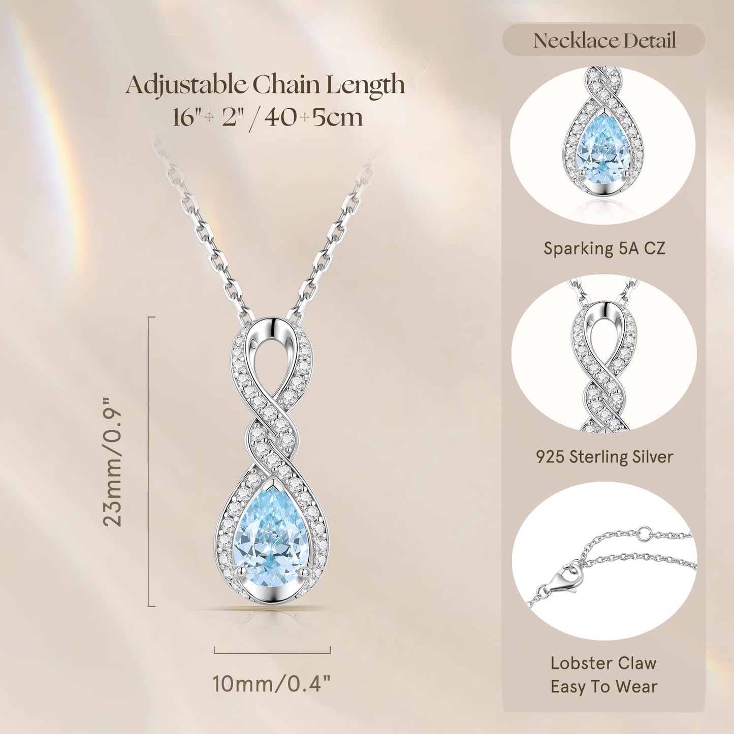 FANCIME Aquamarine Necklace March Birthstone Sterling Silver Dainty Infinity Knot Pendant Necklace Blue Gemstone Fine Jewelry Anniversary Birthday Graduation Mothers Day Gifts for Women Mom Her