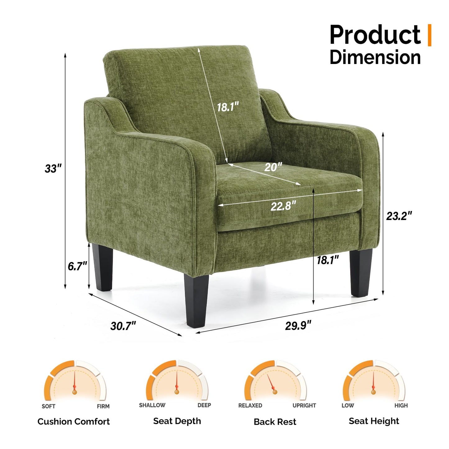 VINGLI Accent Chair for Living Room Chairs Olive Green Reading Chair for Bedroom Scooped Arm Chair Mid Century Modern Accent Chairs Upholstered Comfy Chair for Apartment, Waiting Room