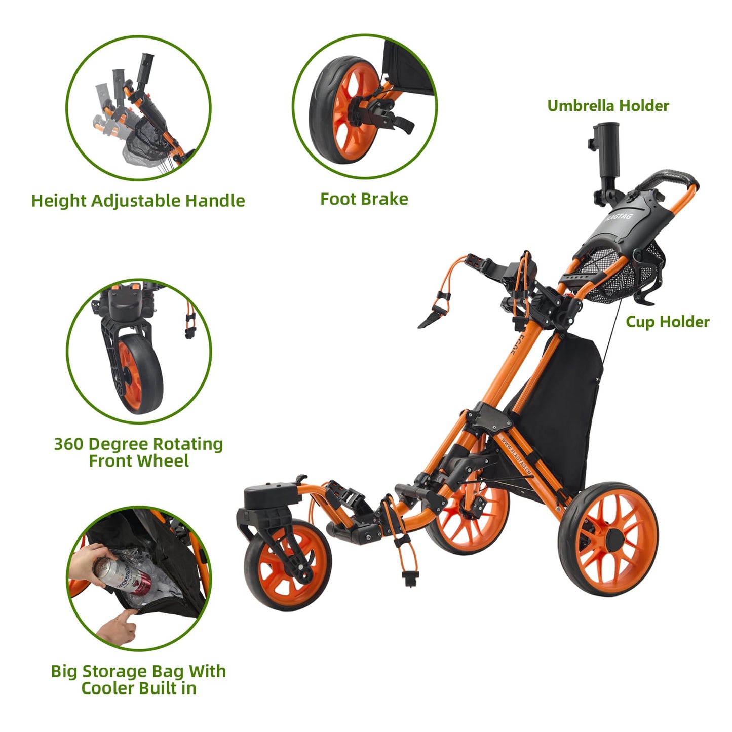 FLAGTAG Golf Push Cart 3 Wheel with 360 Swivel Front Wheel,Lightweight and Foldable Walking Golf Cart，One-Click Foldable,with Foot Brake