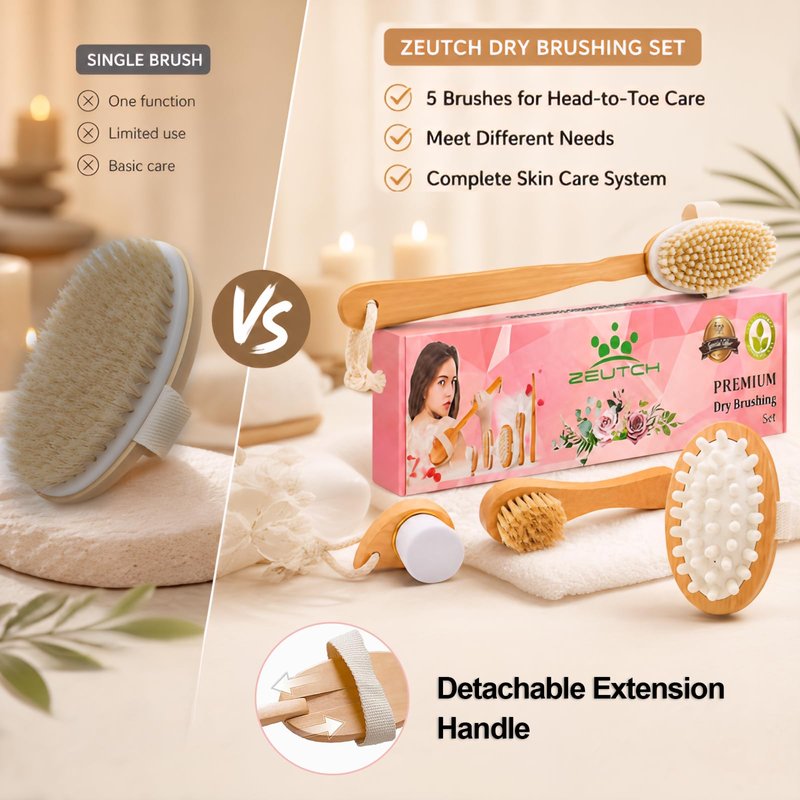 Zeutch Premium Dry Brushing Body Brush Set for Lymphatic Drainage and Cellulite Treatment, Boar Bristle Long Handle Face Cleansing Brush for A Glowing Skin, 5 Pack