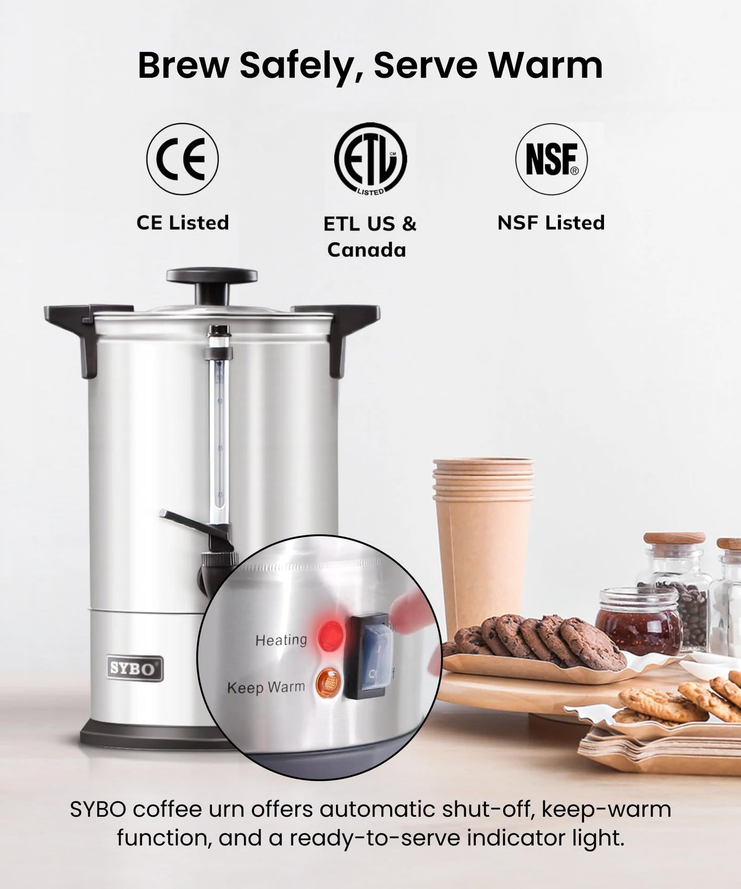 SYBO 120 Cup Commercial Coffee Urn & Hot Beverage Dispenser Stainless Steel Percolate Maker Fast Brew Keeps Warm – Ideal for Tea Water at Events Catering 18 L Metallic