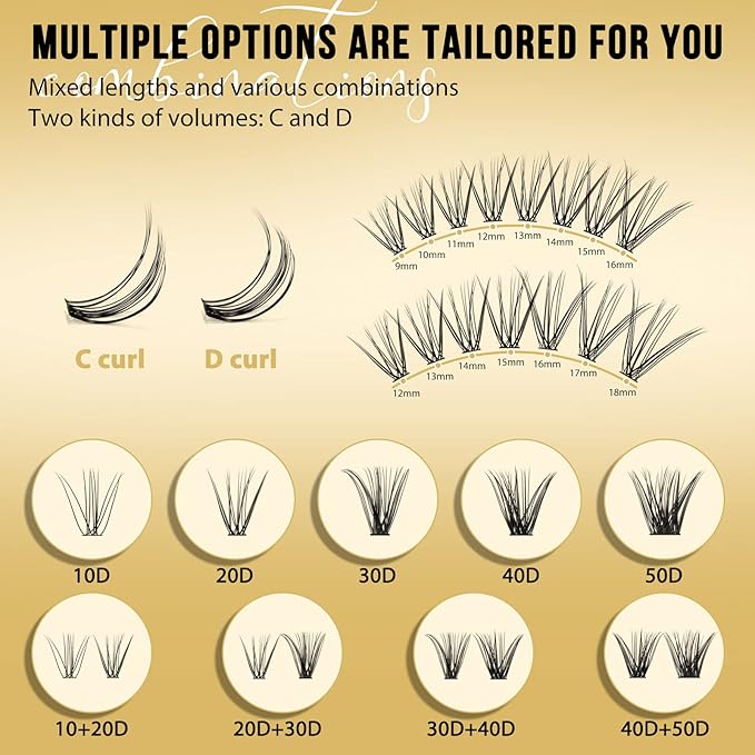 QUEWEL Lash Clusters 320Pcs Cluster Lashes 10D+20D C Curl Lash Cluster Eyelash Extensions Mix9-16mm Individual Eyelashes Clusters Wispy Lash Clusters Thin Band Soft to Use at Home(10D+20D C Mix9-16)