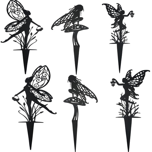 AJHXZMFC Decorative Garden Stakes， Fairy Garden Stakes, Butterfly Fairy Stakes for Weather Resistant Black Metal Outdoor Decorative Art for Women Gift (Matte Black, 6P-A)