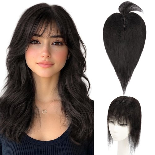 Hairro Human Hair Topper with Wispy Bangs, Clips on 360° 3D Cover Real Hairpieces Lightweight, 2.25"x6" Base for Women with High Hairline/Thinning Hair, 8 Inch Natural Black Bangs