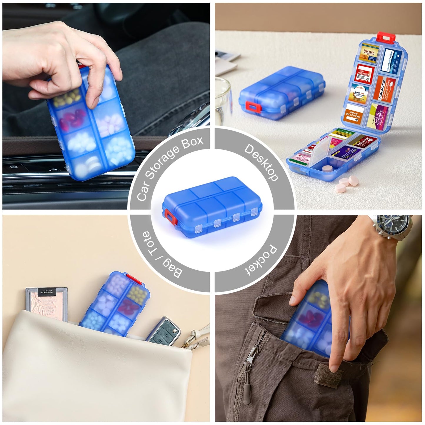 14 Grids Travel Pill Organizer Box with 415-Pcs Medicine Name Labels - Pocket Daily Pharmacy Case Container Kit - Travel Medication Holder Dispenser for Fish Oil Vitamin Supplement Storage -Clear Blue