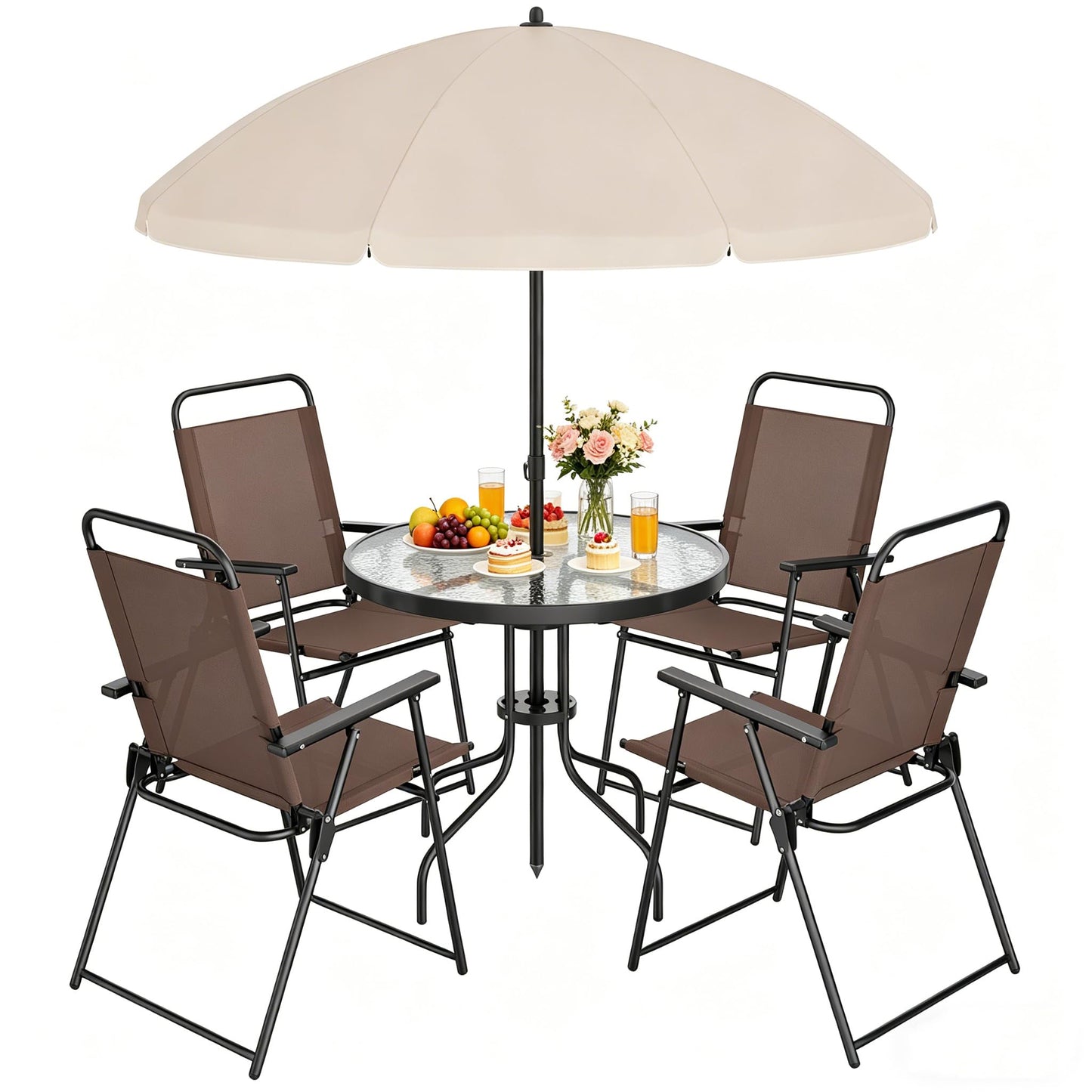 Shintenchi 6 Piece Outdoor Patio Furniture Set, Small Outdoor Patio Dining Table and Chairs Set, Outdoor Seating with Umbrella for Backyard, Balcony, Front Porch, Light Brown