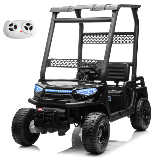 24V 2 Seater Kids Ride on Car, 4WD Golf Cart with Parent Remote Control, 4x4 Motors Ride on Truck with Roof, Toddler Electric Vehicle with Storage Box, Foot Pedal, Music Player, Lights, Horn, Black