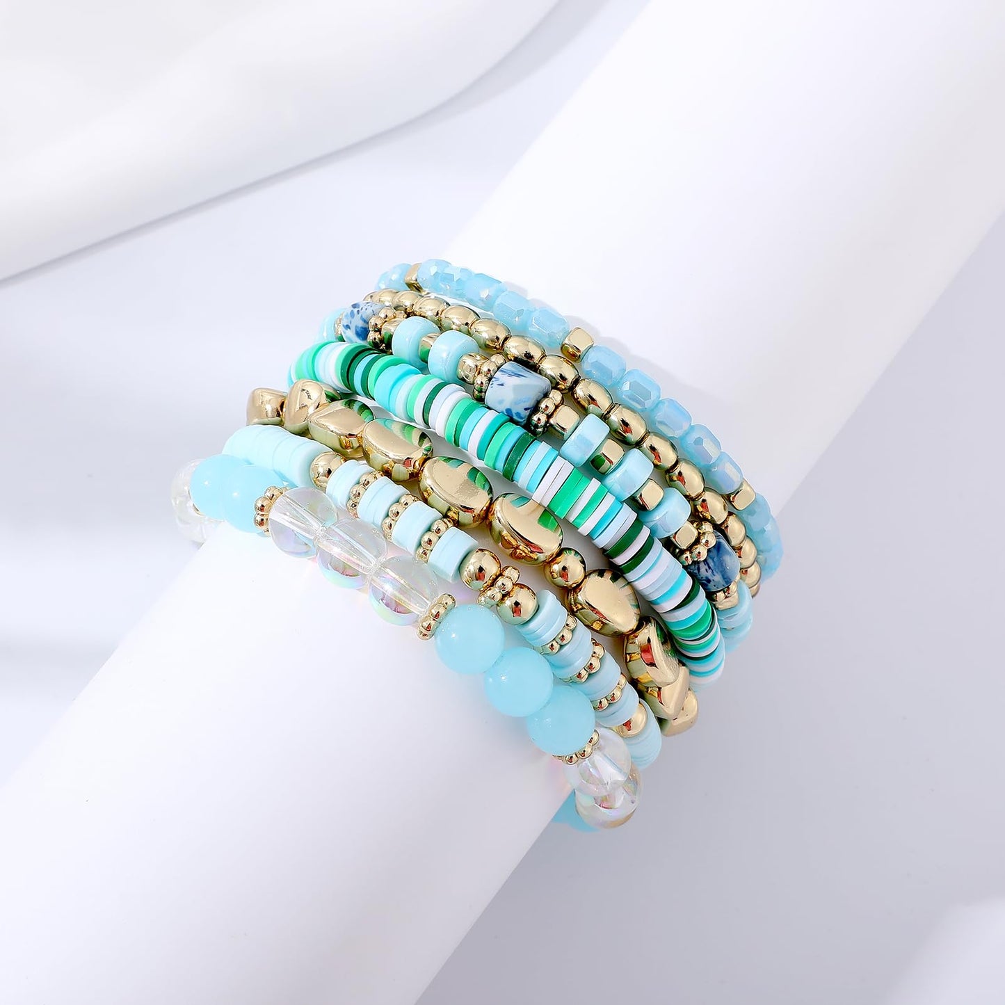 GOOJIDS Surfer Heishi Clay Bead Bracelets for Women Bohemian Stackable Gold Plated Beaded Stretch Bracelets Elastic Layering Friendship Bracelets Set Boho Jewelry