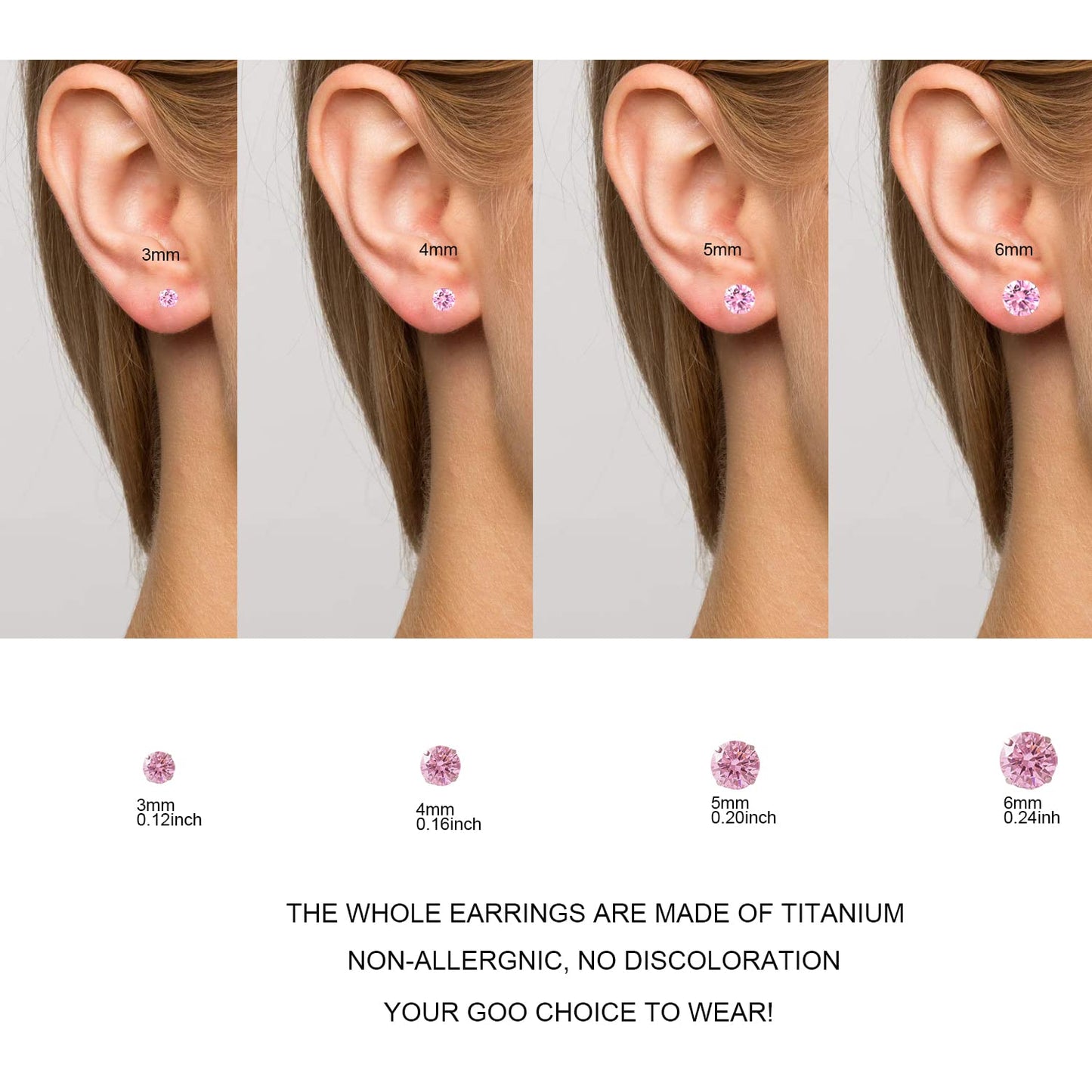 1 Pair Implant Grade Titanium Stud Earrings Set Hypoallergenic 3mm 4mm 5mm 6mm Cubic Zirconia G23 Titanium Earring Studs for Women Men for Sensitive Ear (6mm pink)
