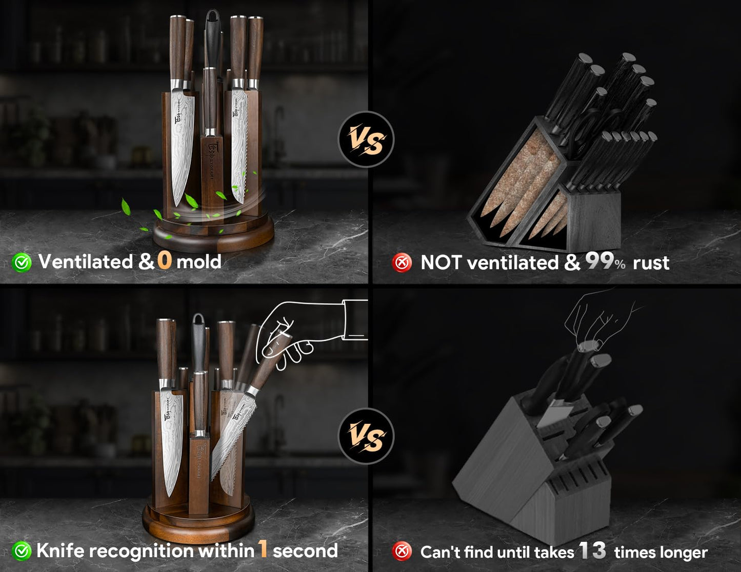 SYOKAMI Kitchen Knife Set with Magnetic Block and Sharpener 14 Piece Knife Set 360° Rotatable Holder Ultra Sharp High Carbon Stainless Steel Knives Sets with Steak Knives, Ideal Gift
