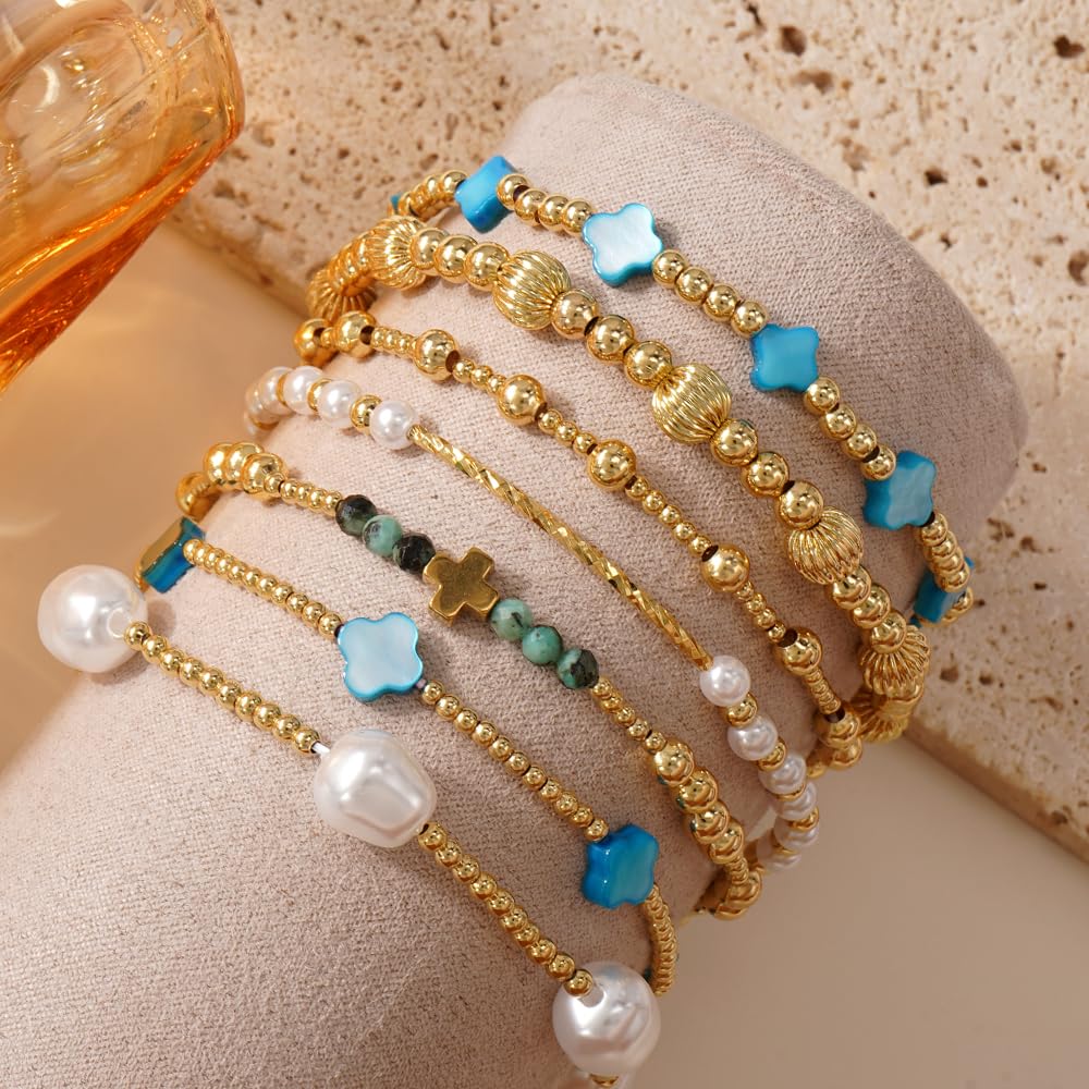 SHINUS BOHO 14K Gold Beaded Blue Clover Stackable Bracelets for Women,7PCS/Set Boho Cross Pearl Beads Stretch Bracelets Stack Fashion Holiday Birthday Prom Jewelry Accessories Gift Friendship Sister