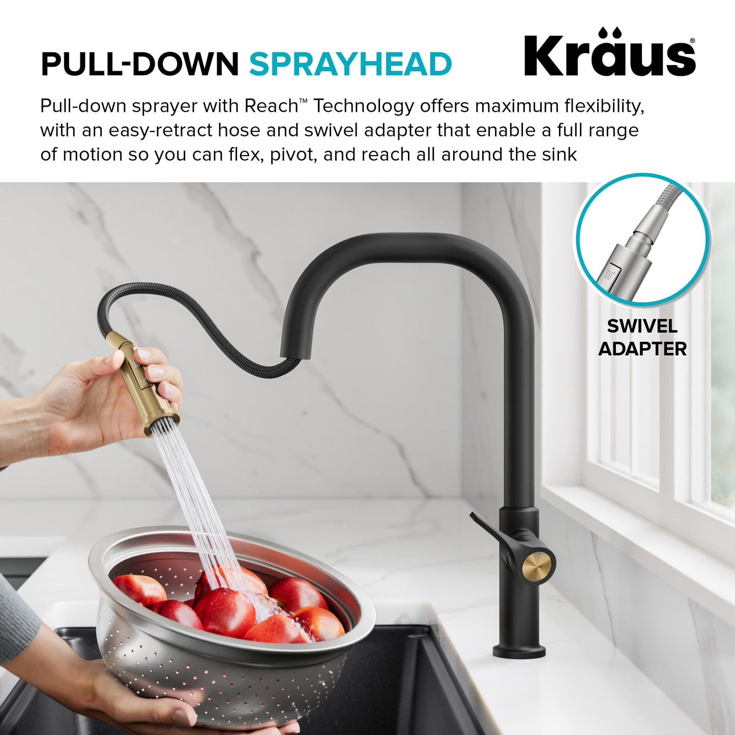 KRAUS Torak Pull Down Kitchen Faucet in Spot-Free Brushed Brass/Matte Black with 2 Function Sprayer, Pre-Attached Water Lines, and Mounting Hardware, KPF-2841SFBBMB