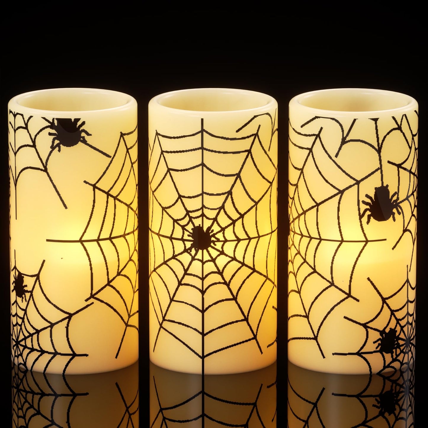 Wondise Halloween Flickering Flameless Candles with Spider Decals, Battery Operated Candles with 6hrs Timer, Real Wax Halloween LED Candles for Horror Spooky Halloween Home Decoration(Set of 3, 3"x6"")"