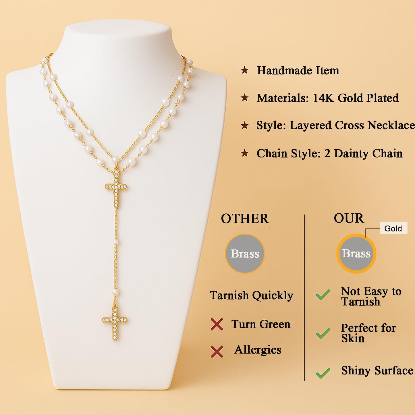 2PCS Layered Gold Cross Necklaces for Women Trendy, Bohemian Bead Pearl Y Long Pendant Necklace Set, Vintage Rosary Necklace Stack Adjustable Length