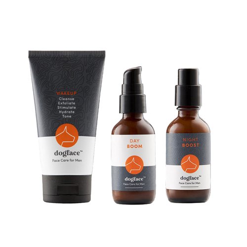Dogface Men's - Wakeup Gel Daily Face Wash to Exfoliate, Hydrate & Tone Skin, Day Boom Moisturizer, Night Boost Night Cream Retinol Serum, Eye Cream (Deluxe Combo)