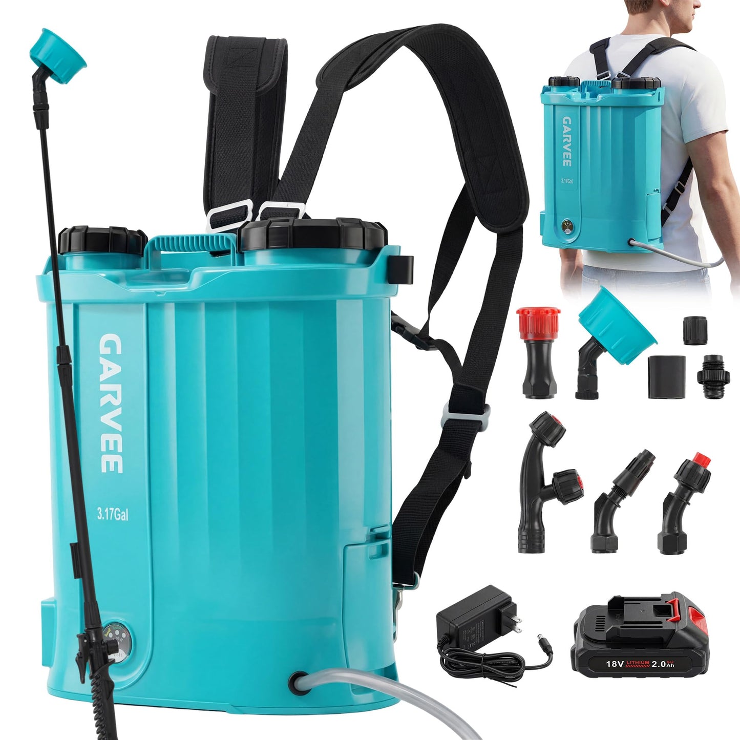 3.17 Gallon Battery Powered Backpack Sprayer, 0-65 PSI Adjustable Pressure, Electric Sprayer with 5 Nozzles and 1 Wands, 18V 2Ah Battery, Wide Mouth Lid for Weeding, Spraying