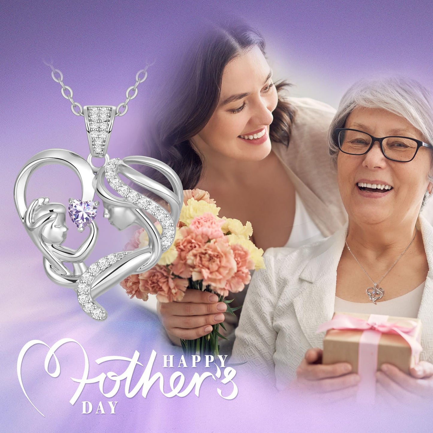 Zifeel Mothers Day Gifts for Mom Wife Her Grandma, S925 Sterling Silver Birthstone Necklaces Jewelry for Women, Mother's Day Love Heart Pendant Necklace for Anniversary Birthday Christmas Day