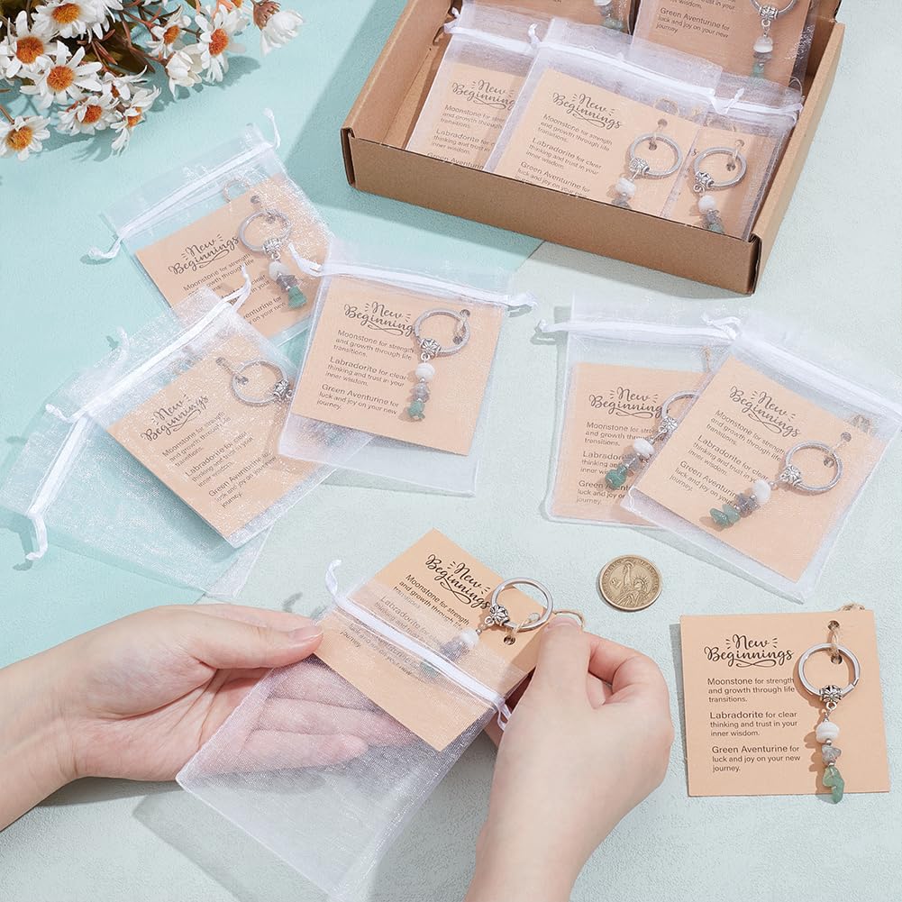 EVERYJOYCRAFT 12 PCS Natural Crystal Keychain with Card Handmade Stainless Steel Natural Stones Keychain Gift for Women Men Friend Family Farewell Gift Good Luck New Job Chapter (New Beginnings)
