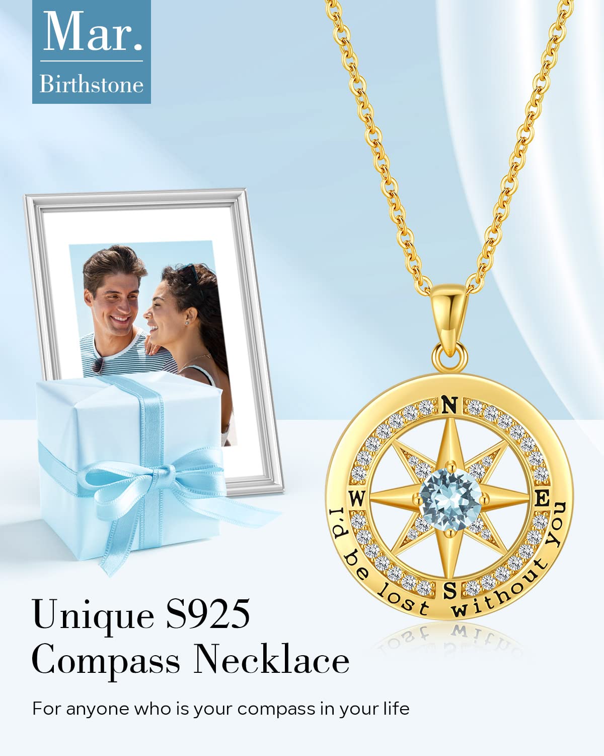 S925 Necklace Gift for Wife |Compass Jewelry |Women Anniversary |Sterling Silver |Girlfriend Birthday Necklaces for Her Valentines |I'd be Lost without You |Jewel 18K Gold Mar 03