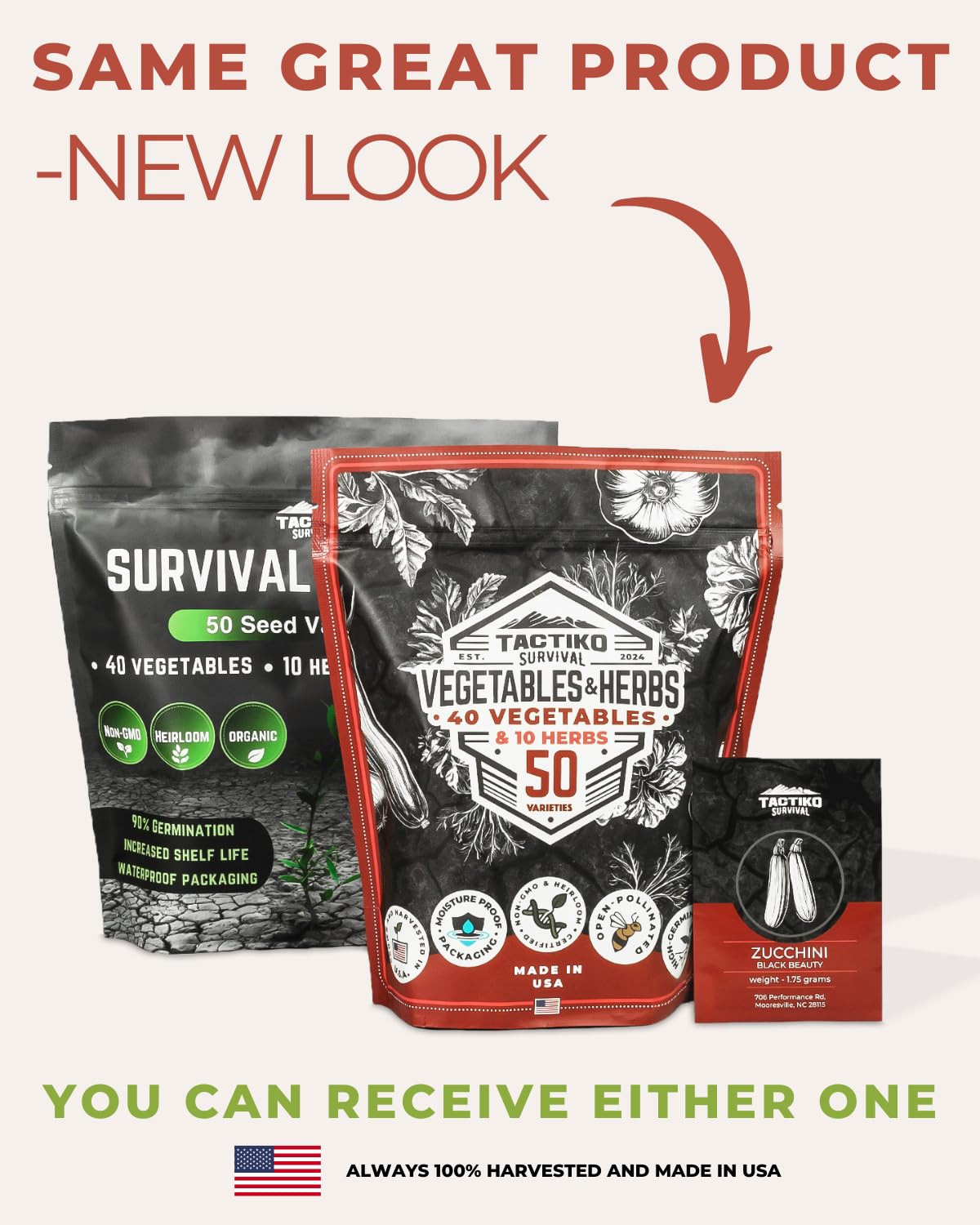 50 Tactiko Survival Vegetable, Herb & Fruit Seed Kit - U.S.A. Harvested Varieties - 37,000+ Non-GMO Heirloom Seeds - Emergency Seed Vault in Waterproof Mylar Bag - Long-Term Storage