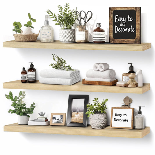 ABSWHLM Floating Wall Shelves 3-Pack - 24-Inch Rustic Wooden Shelves for Storage and Décor, Easy Installation for Living Room, Bedroom, and Kitchen