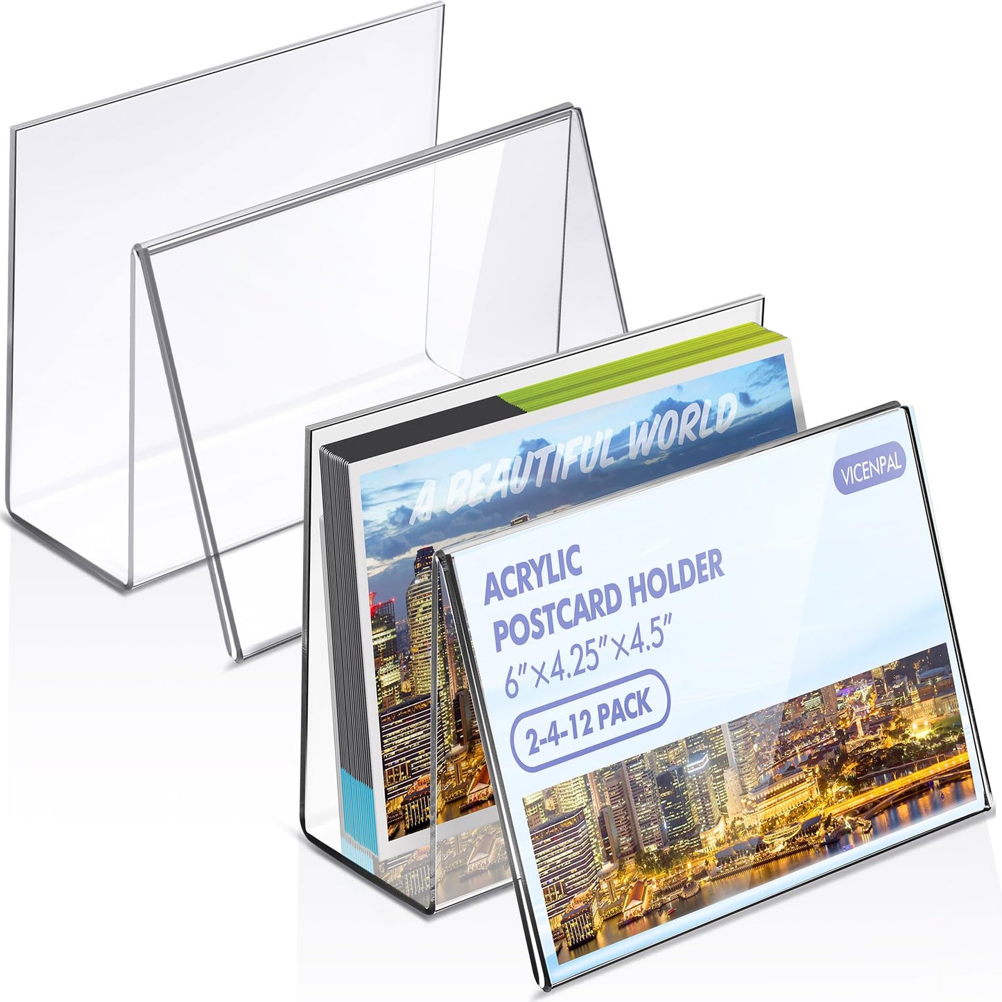 Vicenpal 2 Pcs Clear Acrylic Postcard Holder Business Card Holder Greeting Card Display Clear Business Card Stand Rack for Index Card Organizer Desk Table Home Office School, 6 x 4.25 x 4.5 Inch