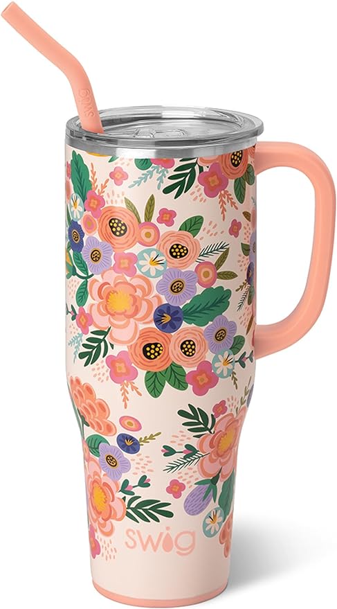 Swig Life 40oz Mega Mug, 40 oz Tumbler with Handle and Straw, Cup Holder Friendly, Dishwasher Safe, Lightweight Extra Large Insulated Tumbler, Stainless Steel (Full Bloom)