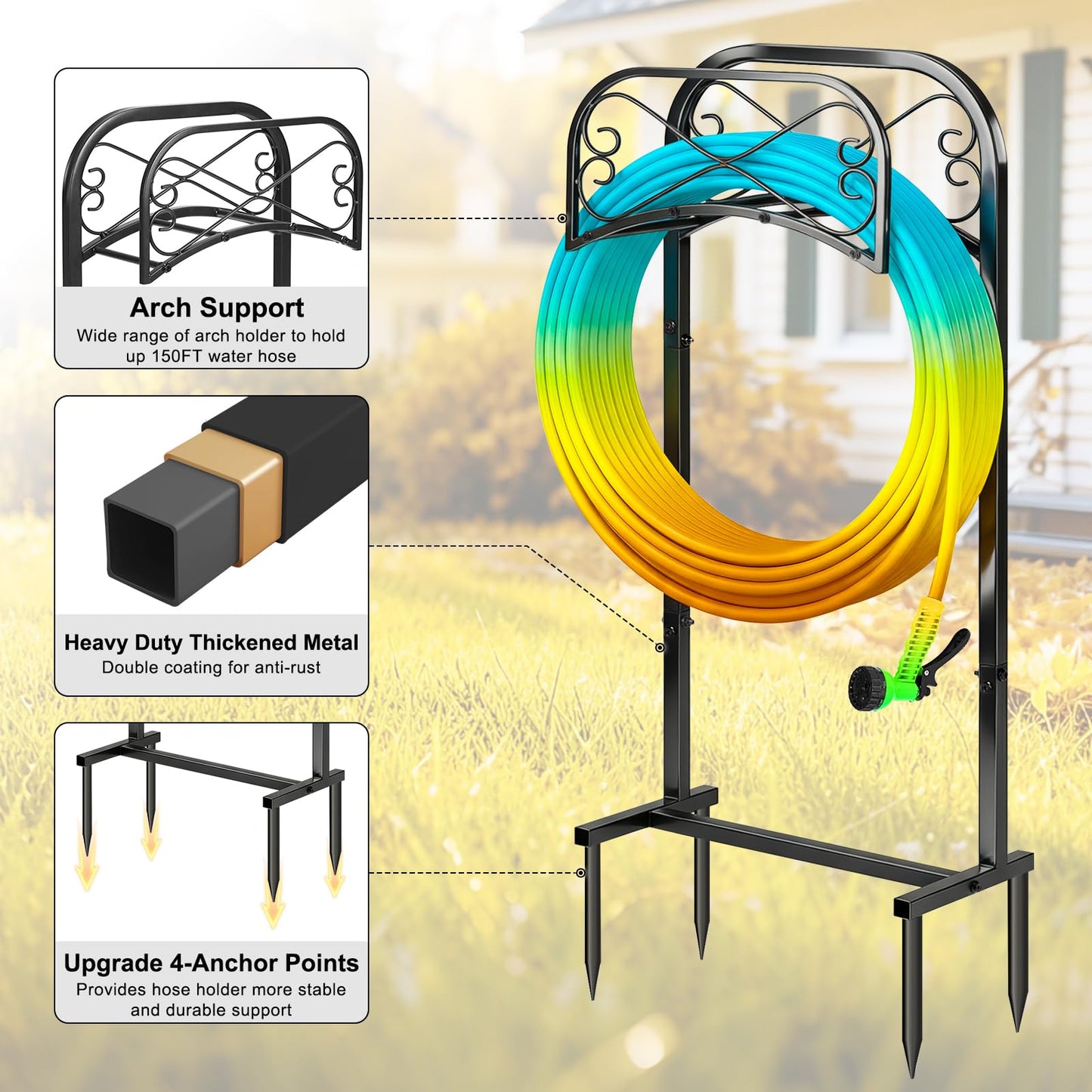 Gtongoko Garden Hose Holder for Outside 43 In With 4 Prongs Base Detachable Metal Water Hose Holder Freestanding Heavy Duty Organizer Holds 150FT Stand Hanger for Outdoor Yard Black