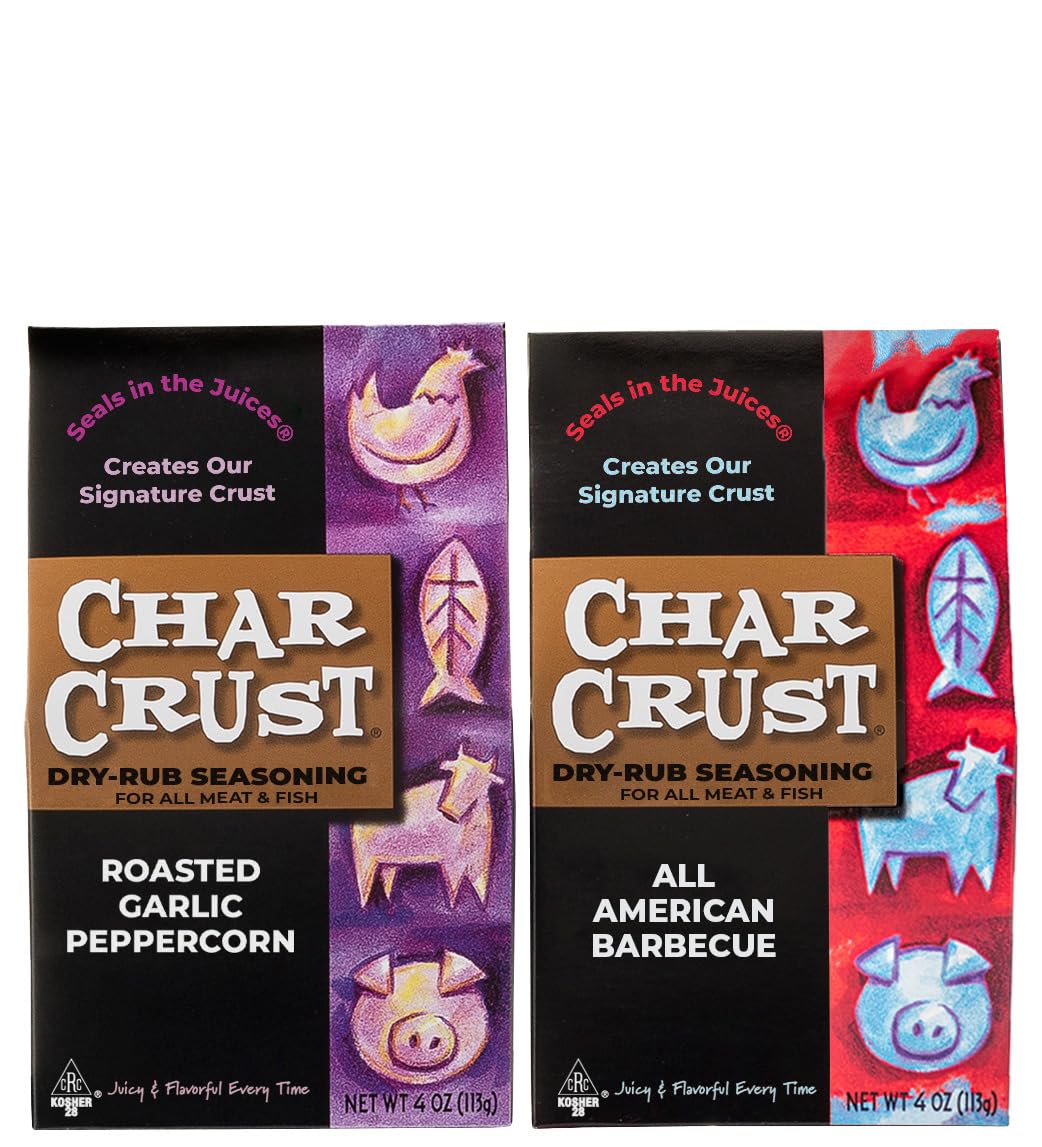 Char Crust Dry-Rub Seasonings 2-Flavor Grilling Gift Pack | All American Barbecue and Roasted Garlic Peppercorn | BBQ Rubs for Steak, Chicken, Burgers, Fish | 4 Ounce (Pack of 2)