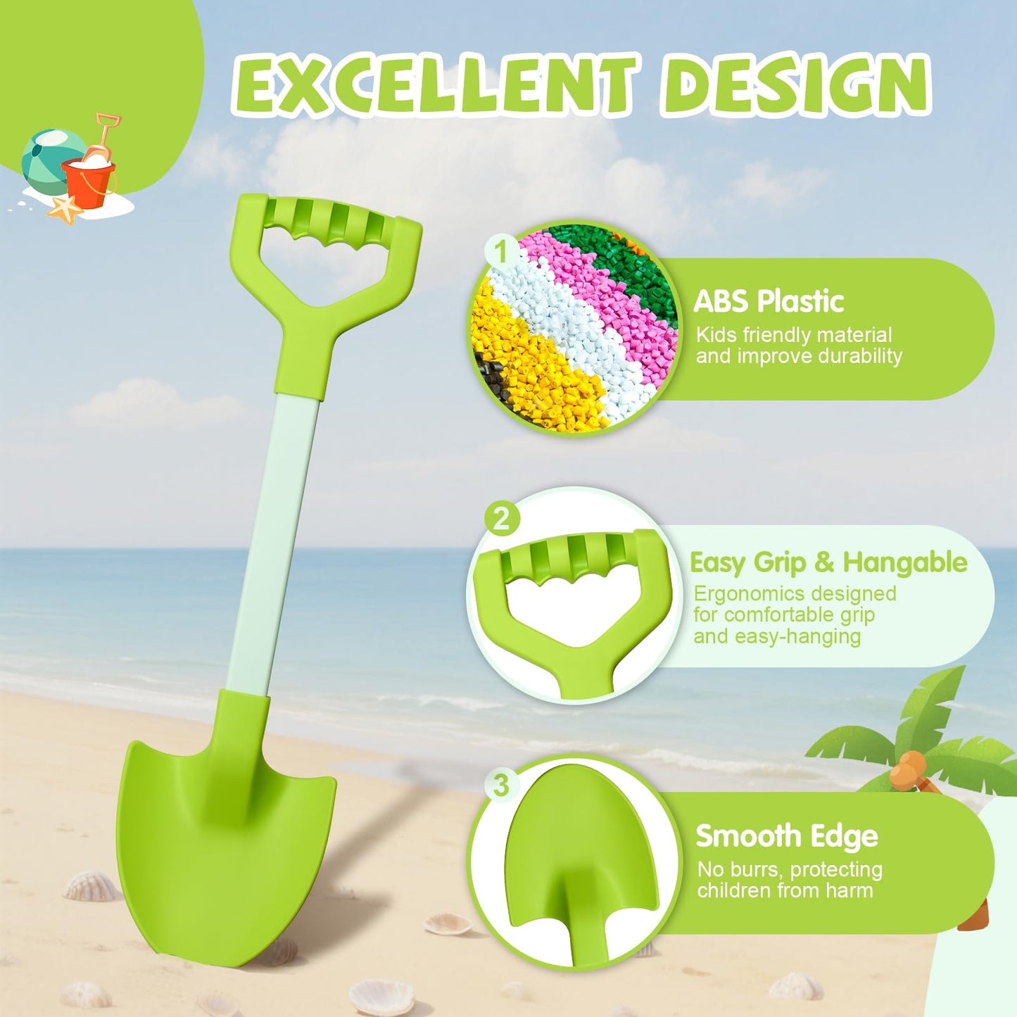 QINGLER 20” Long Sand Beach Shovels for Kids Heavy Duty Plastic Summer Sand Scoops Spades Toy Sandbox Garden Snow Digging Play Gift Set Party Bundle 2 Pack Green