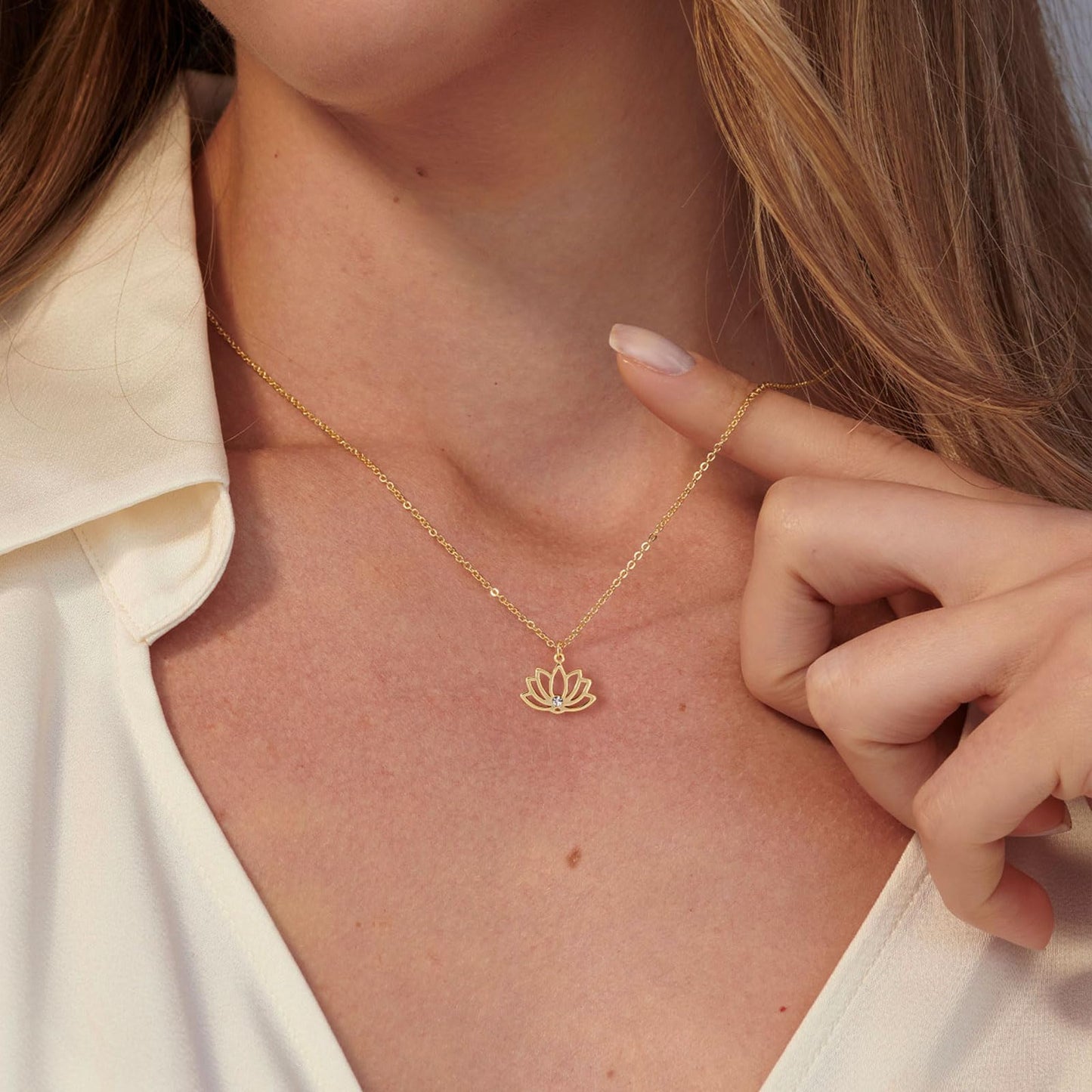 VRIUA Lotus Flower Necklace for Women 14k Plated Tiny Diamond Lotus Pendant Dainty Necklace Minimalist Simple Jewelry