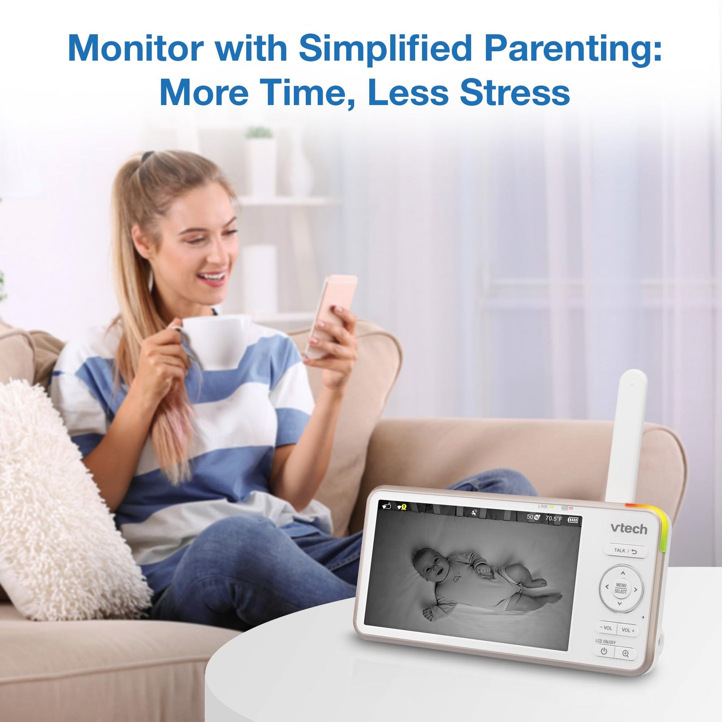 VTech V-Care VC2105 1080p FHD Over-The Crib Mount Smart Baby Monitor 5” 720p LCD Screen,Table Stand,Remote Access,Versatile Placement,Intelligence Detection, Sleep Analysis,18hrs Recording,with WiFi