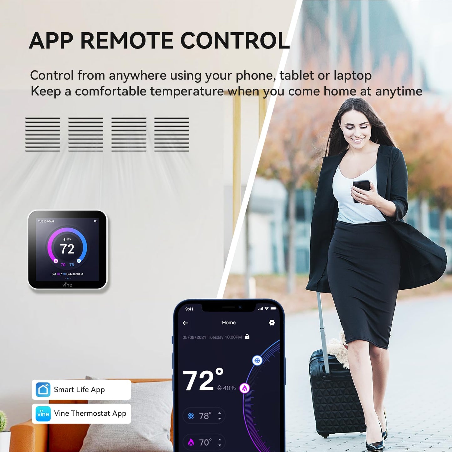 vine Programmable Thermostat for House with 4.0" Touch Screen, WiFi Smart Home Thermostat for AC and Heating, App/Voice Control, Valentine's Day Decorations, C-Wire Required, Grey
