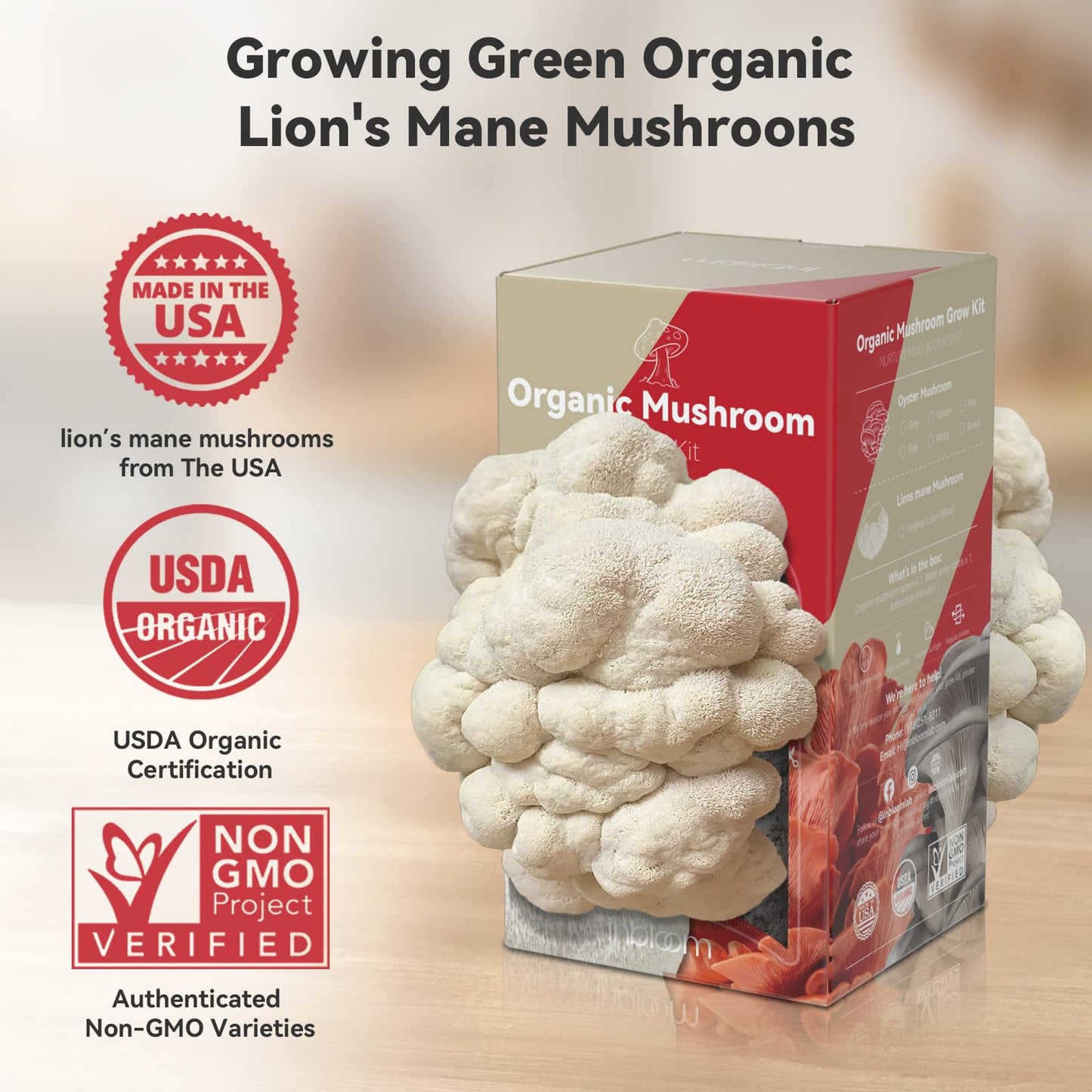 inbloom Organic Lion's Mane Mushroom Growing Kit with Spray, Harvest Fresh Mushrooms at Home, Beginner Friendly & Easy to Use, Unique Gardening Gift for Holiday, Handmade in New Jersey, USA