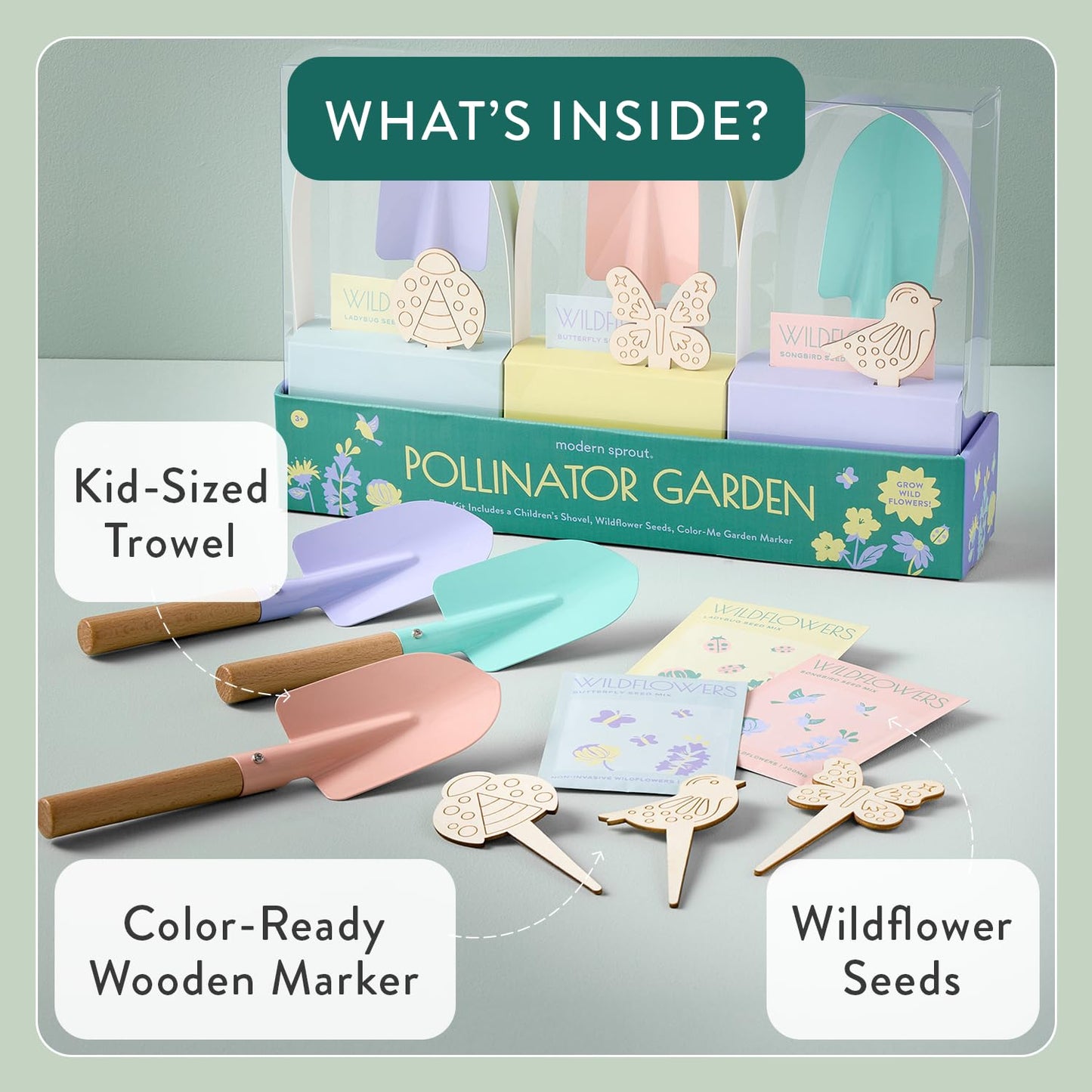 Modern Sprout Pollinator Garden Gift Set - Spring Gifts for Kids - Educational Gardening Tools for Little Gardeners - Eco-Friendly Kids Gardening Set w/Trowel, Wooden Markers & Wildflower Seeds (3-pk)